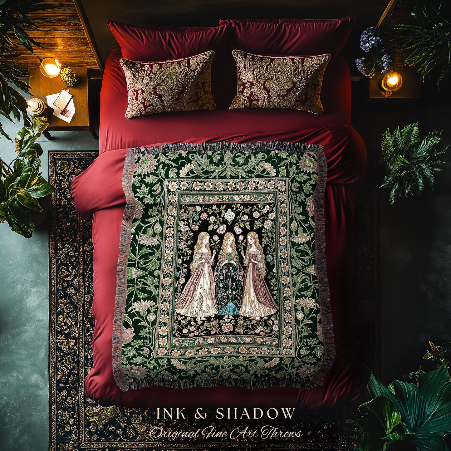 Coven Sisterhood Mystic Woven Blanket | Witchcore Medieval Folklore Enchanted Botanical Wall Tapestry Celestial Folklore Wiccan Aesthetic |