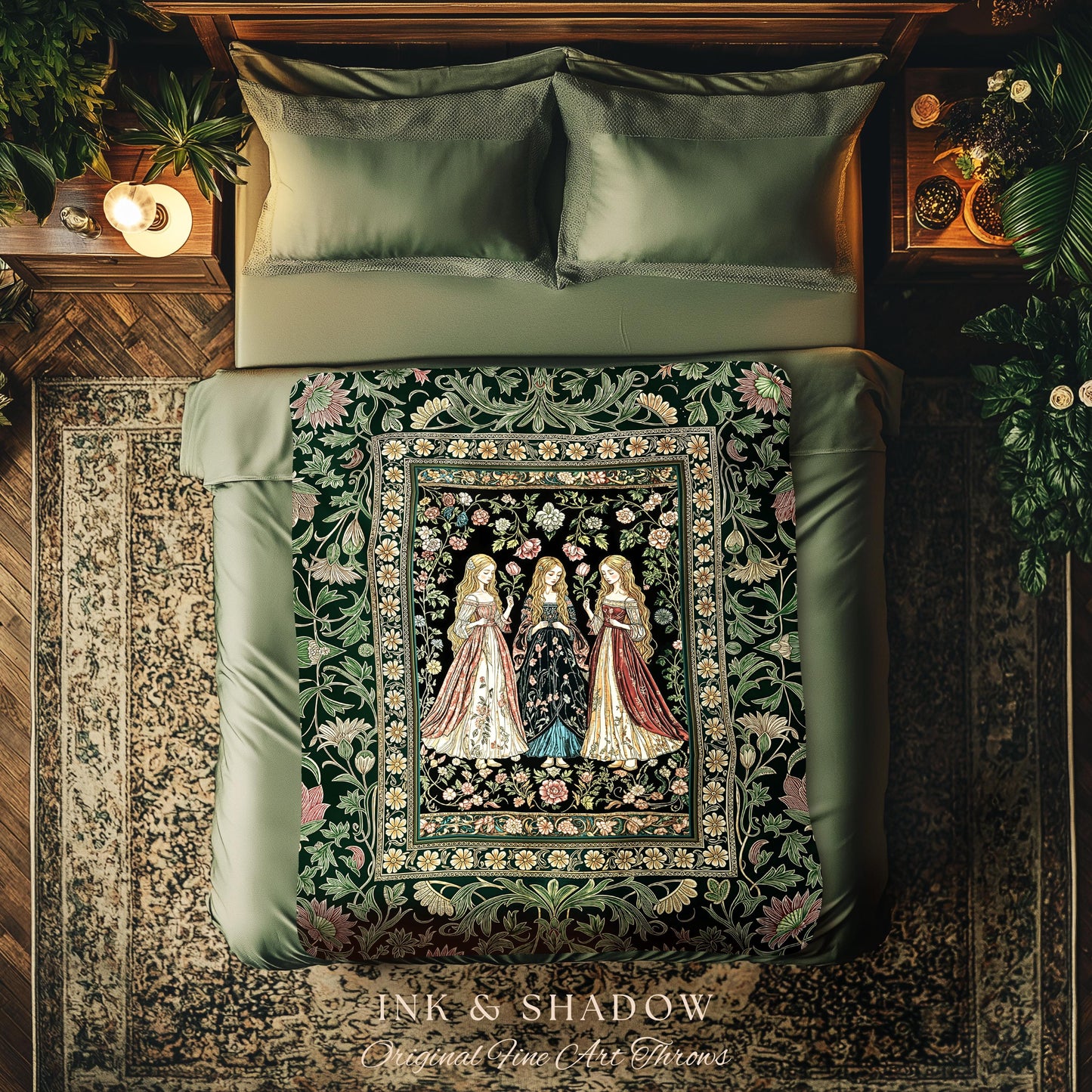 Coven Sisterhood Mystic Woven Blanket | Witchcore Medieval Folklore Enchanted Botanical Wall Tapestry Celestial Folklore Wiccan Aesthetic |