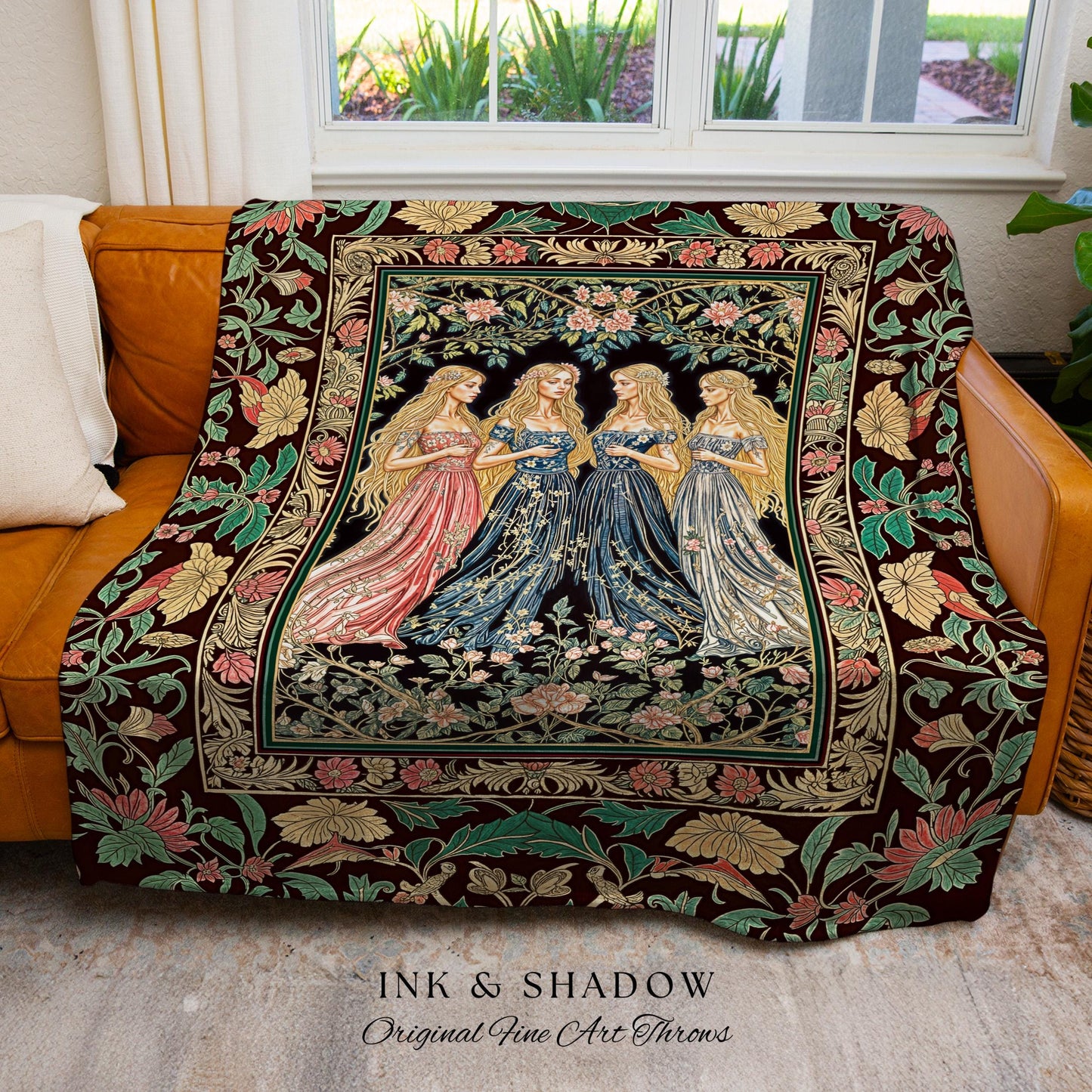 Magic Maidens Medieval Woven Tapestry | Dark Fairytale Witches Floral Forest Throw Blanket Ethereal Renaissance Gothic Art Decor Fairycore |