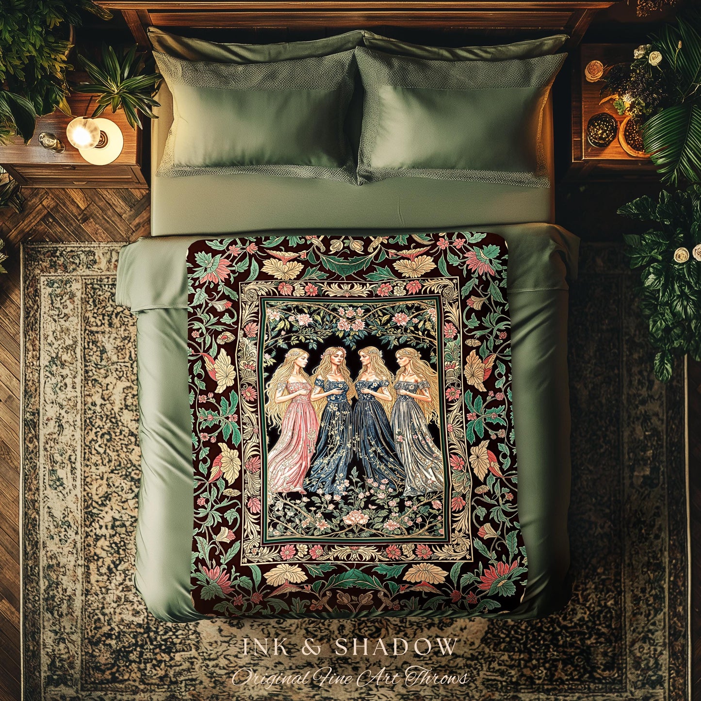 Magic Maidens Medieval Woven Tapestry | Dark Fairytale Witches Floral Forest Throw Blanket Ethereal Renaissance Gothic Art Decor Fairycore |
