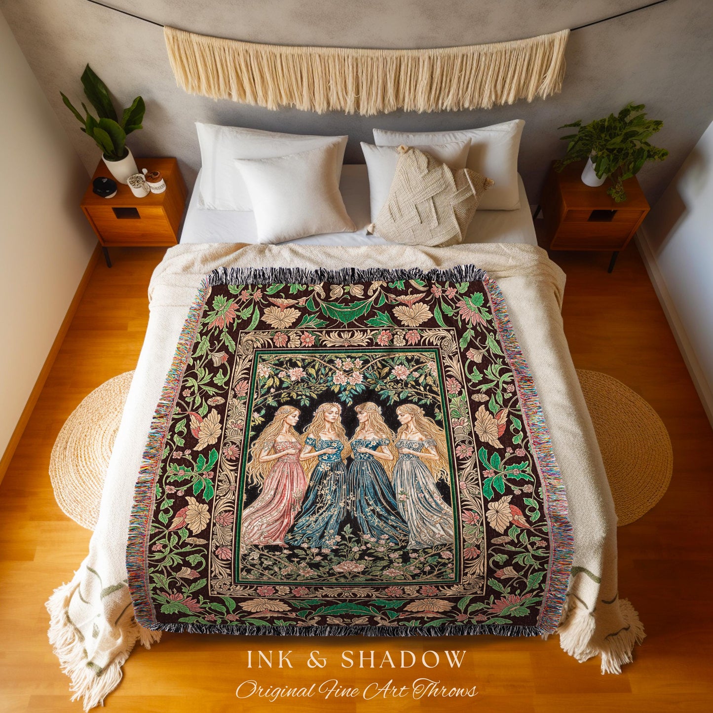 Magic Maidens Medieval Woven Tapestry | Dark Fairytale Witches Floral Forest Throw Blanket Ethereal Renaissance Gothic Art Decor Fairycore |