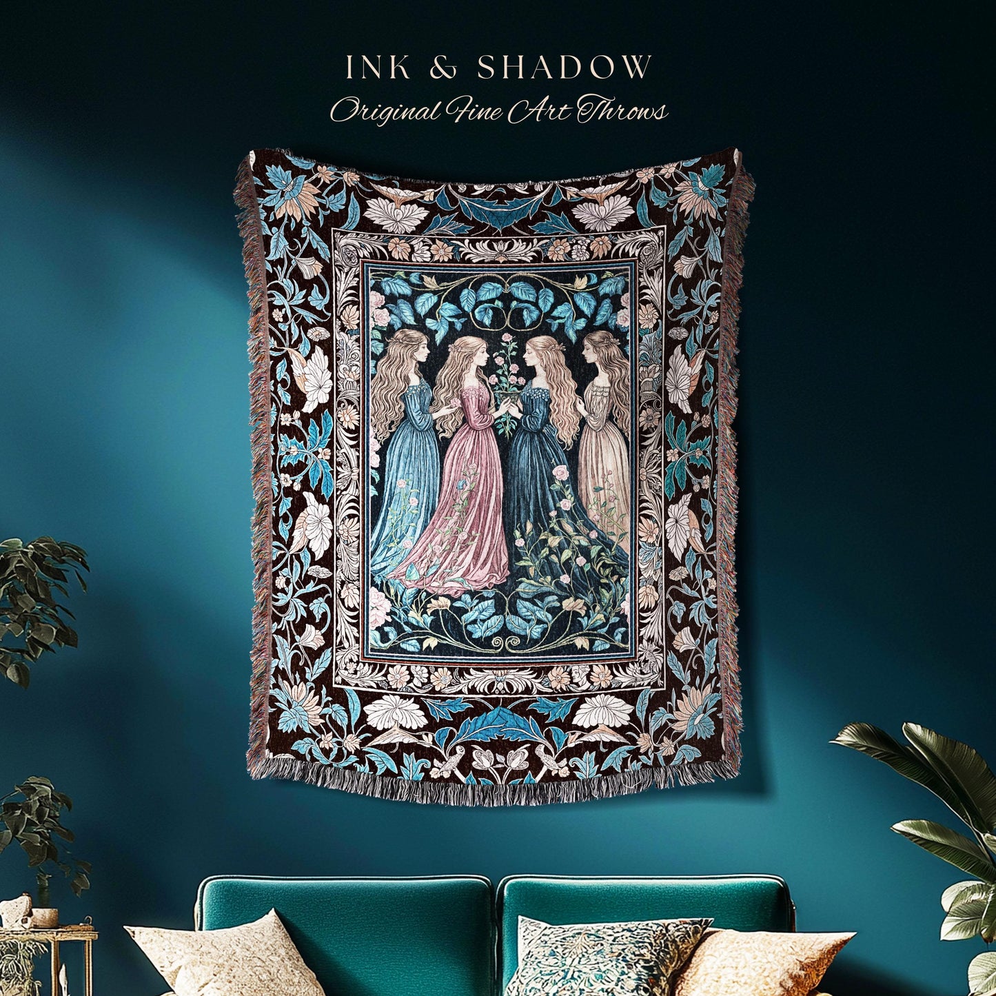 Sorceress Sisters Magic Woven Throw Blanket | Lunar Garden Witch Wall Tapestry Fairytale Storybook Tapestry Renaissance Woodland Sorcery |