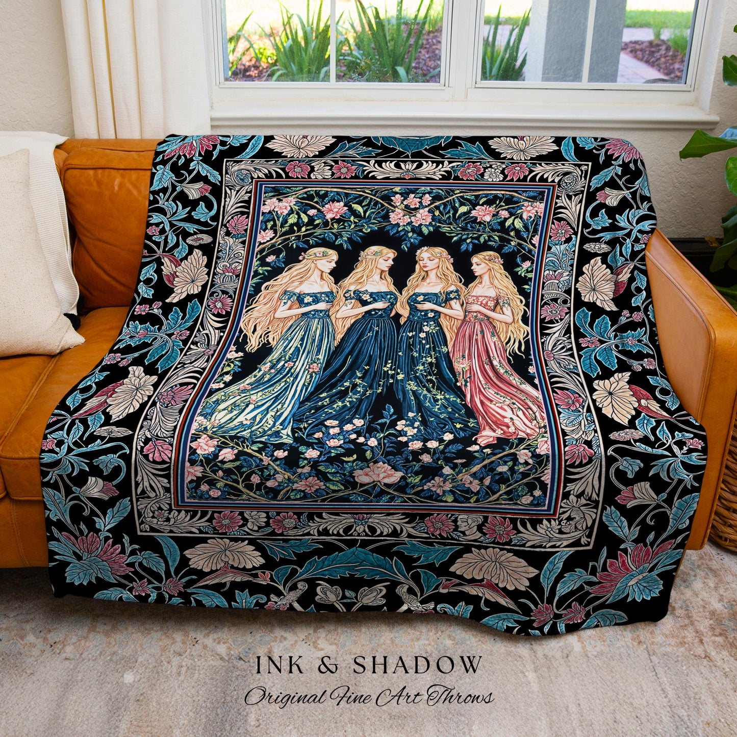 Rustic Medieval Fairycore Witch Picnic Blanket | Celestial Sorceress Gothic Elegance Woven Wall Tapestry Pastel Botanicals Folklore Style |
