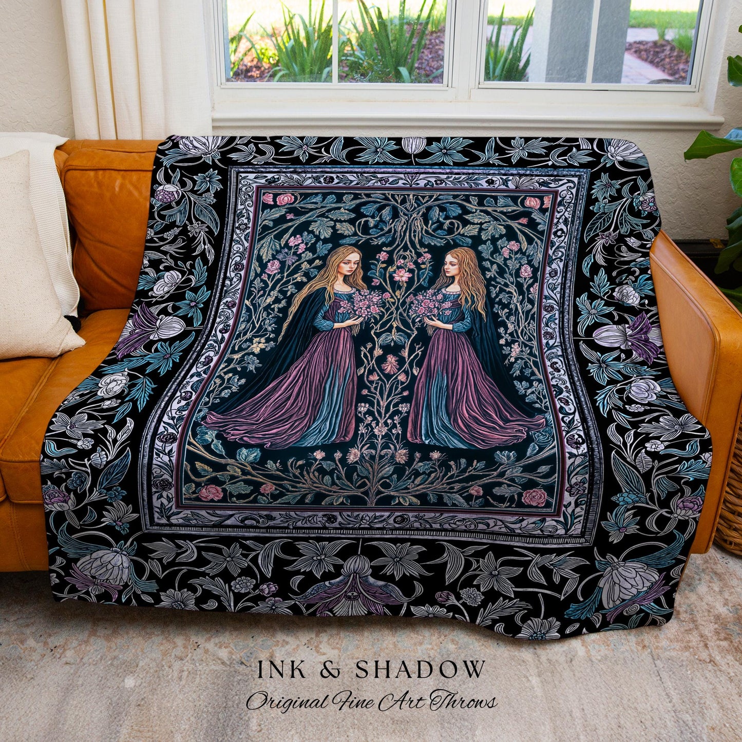 Witchy Sisters Arcane Forest Blanket | Celestial Witchcraft Baroque Folklore Woven Wall Tapestry Fairytale Gothic Storybook Aesthetic Throw