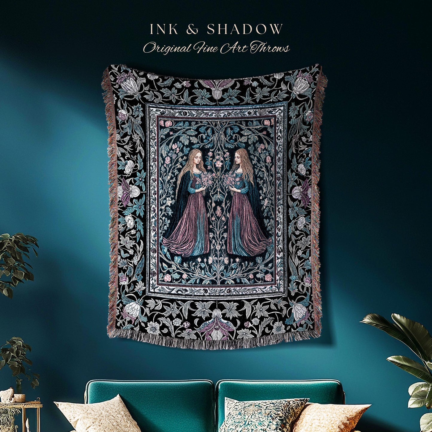 Witchy Sisters Arcane Forest Blanket | Celestial Witchcraft Baroque Folklore Woven Wall Tapestry Fairytale Gothic Storybook Aesthetic Throw