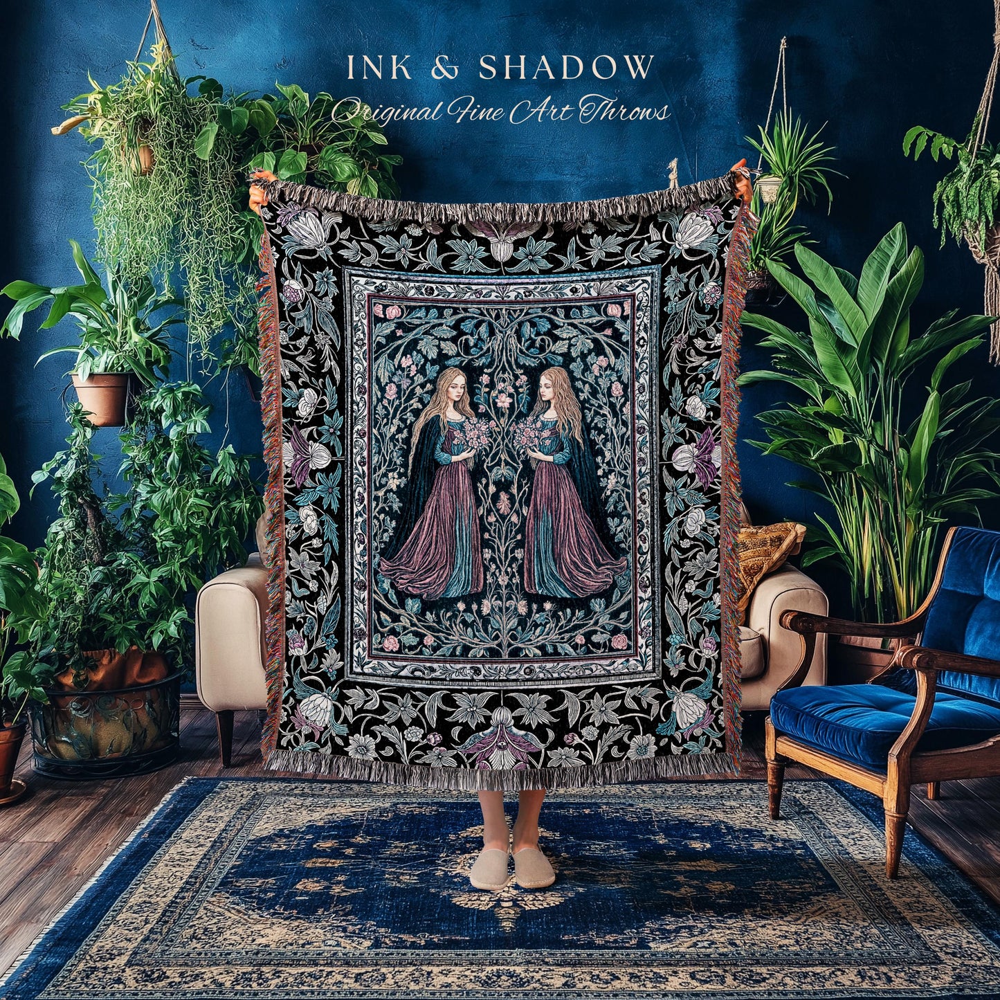Witchy Sisters Arcane Forest Blanket | Celestial Witchcraft Baroque Folklore Woven Wall Tapestry Fairytale Gothic Storybook Aesthetic Throw