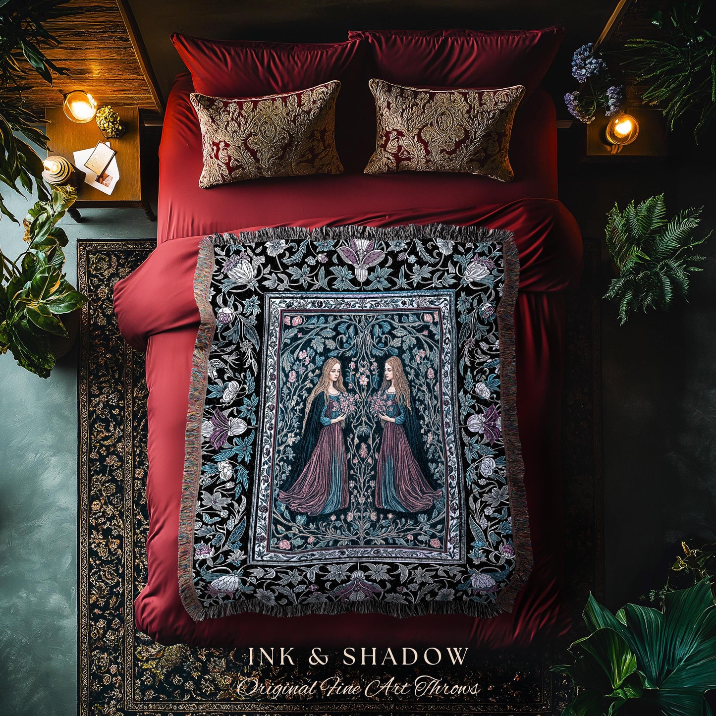 Witchy Sisters Arcane Forest Blanket | Celestial Witchcraft Baroque Folklore Woven Wall Tapestry Fairytale Gothic Storybook Aesthetic Throw
