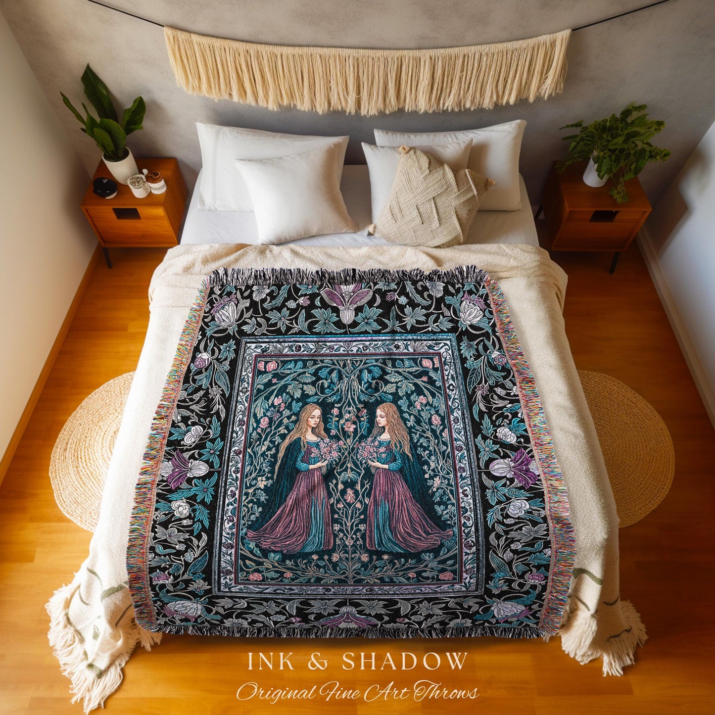 Witchy Sisters Arcane Forest Blanket | Celestial Witchcraft Baroque Folklore Woven Wall Tapestry Fairytale Gothic Storybook Aesthetic Throw