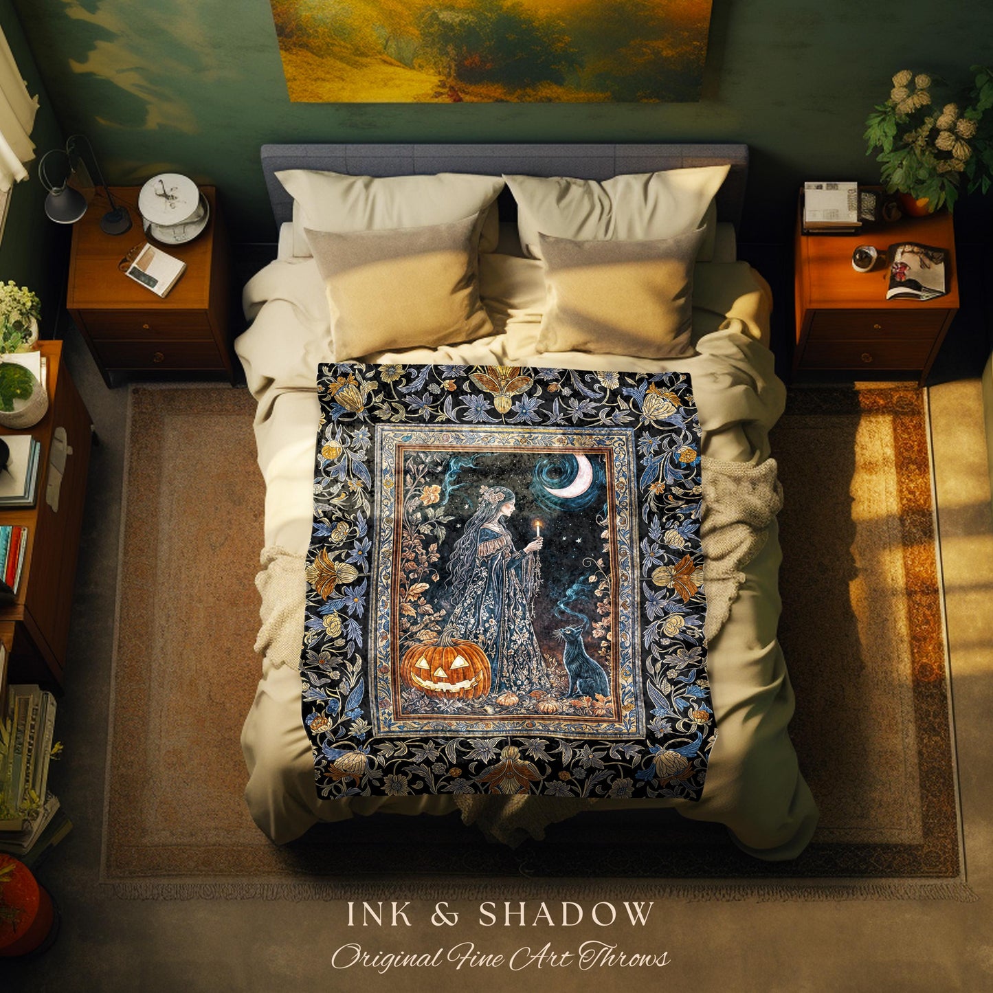 Moonlit Jack-o-lantern Witch Throw Blanket | Enchanted Forest Baroque Maiden Pastel Folklore Black Cat Celestial Aesthetic Wall Tapestry |