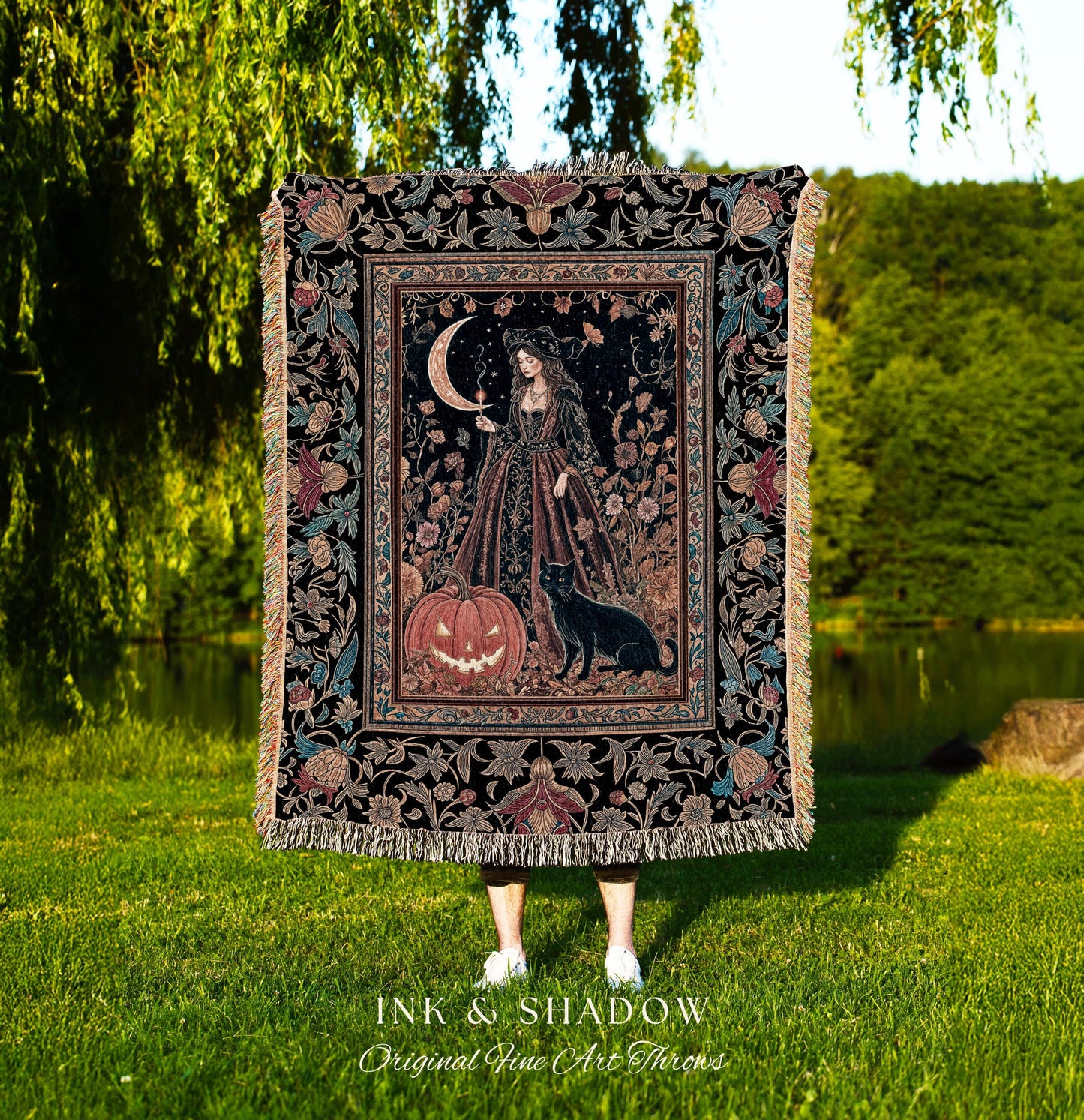 Black Cat Witch Spooky Season Blanket | Celestial Sorceress Ethereal Halloween Woven Wall Tapestry Jack-o-lantern Wiccan Enchantment Gothic