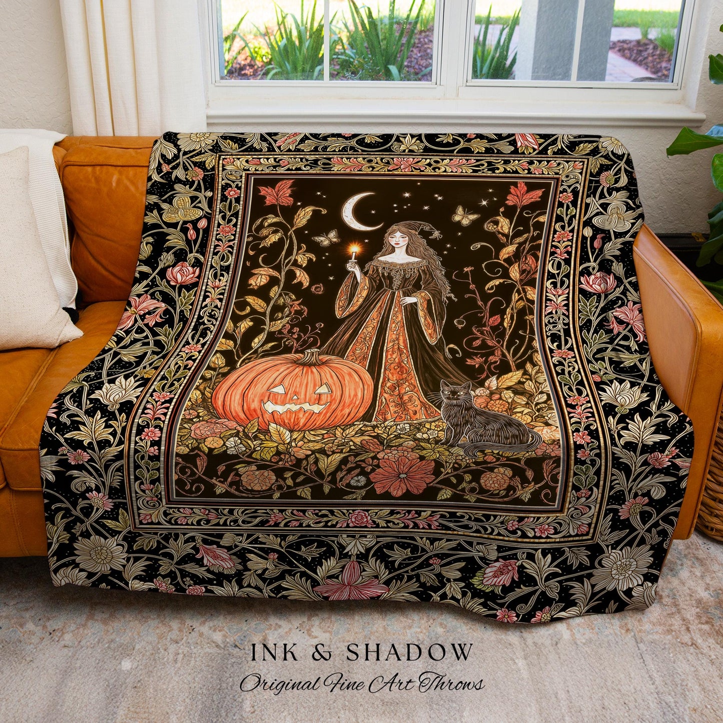Midnight Sorcery Pumpkin Witch Blanket | Medieval Aesthetic Bohemian Halloween Woven Throw Gothic Wall Tapestry Folklore Black Cat Decor |