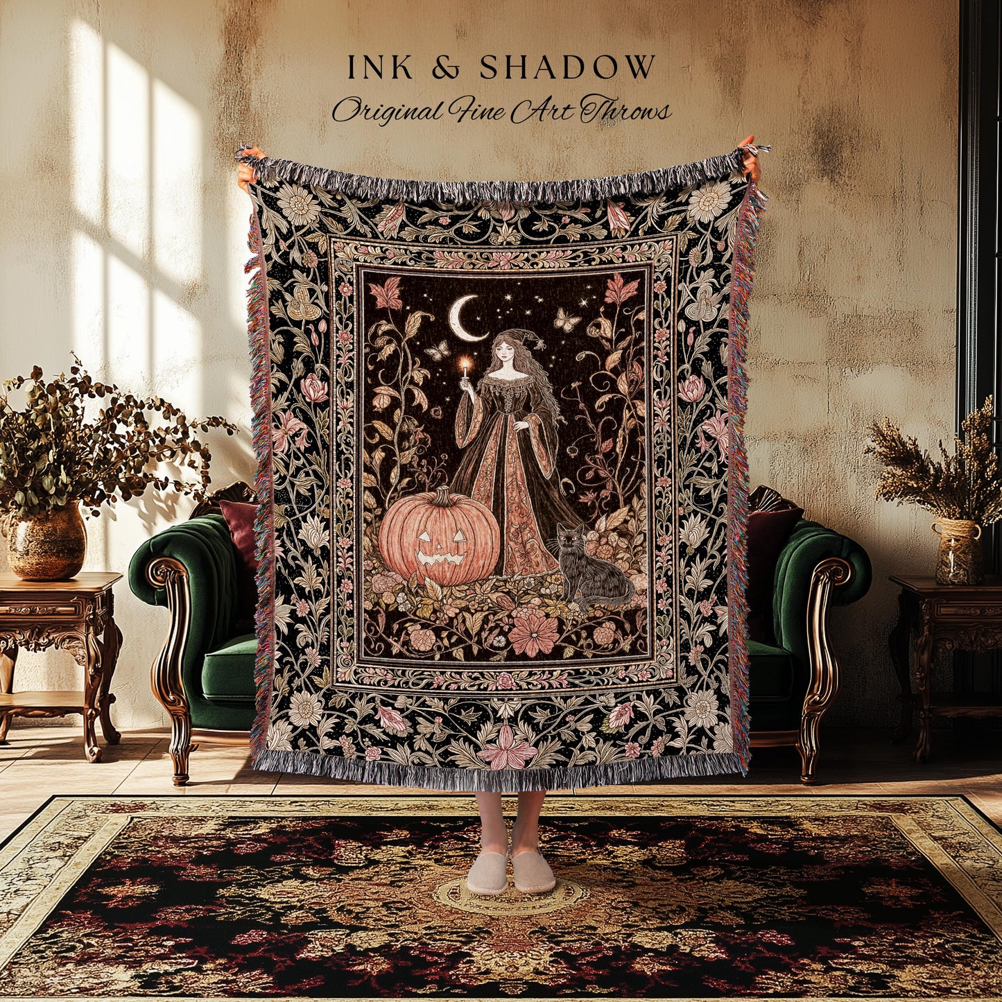 Midnight Sorcery Pumpkin Witch Blanket | Medieval Aesthetic Bohemian Halloween Woven Throw Gothic Wall Tapestry Folklore Black Cat Decor |