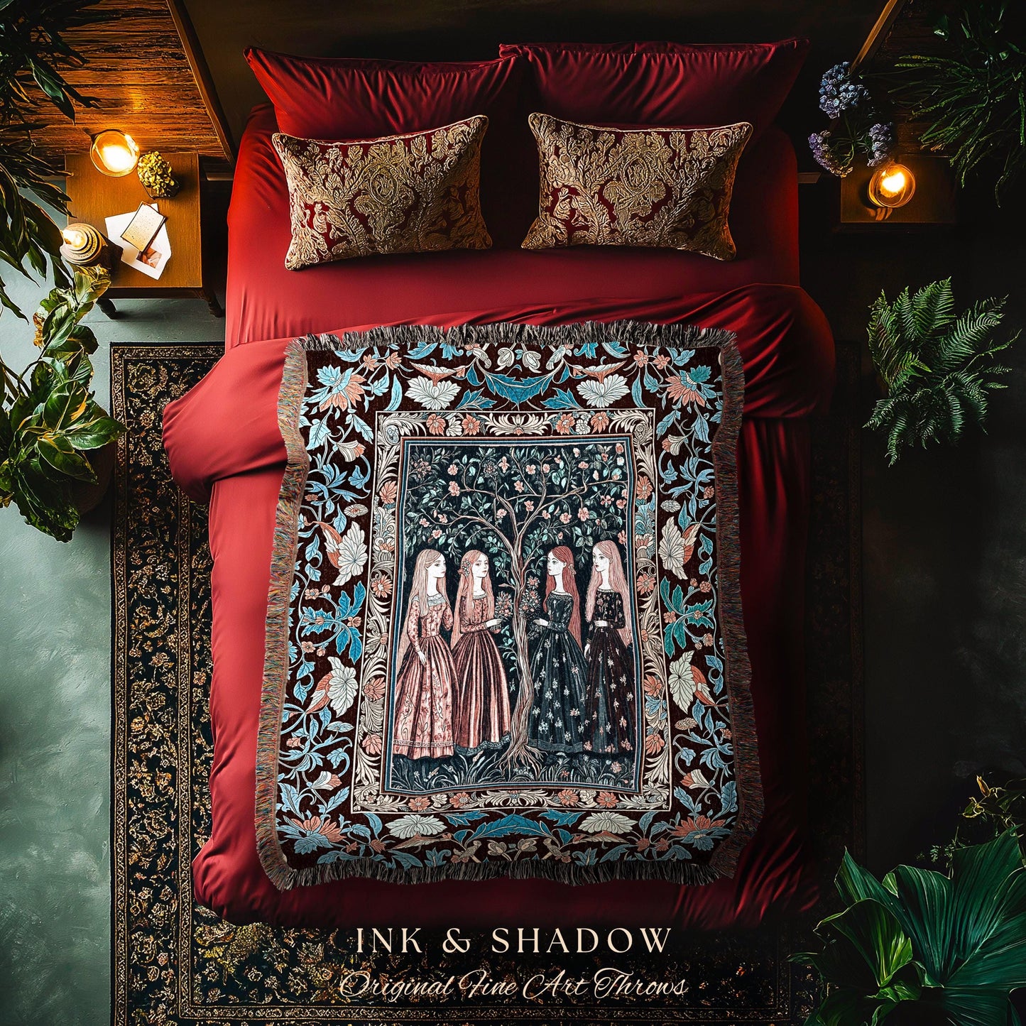 Pastel Fairy Forest Elegant Throw Blanket | Druid Tapestry Medieval Maiden Baroque Aesthetic Magic Decor Celestial Gothic Art Nouveau Decor