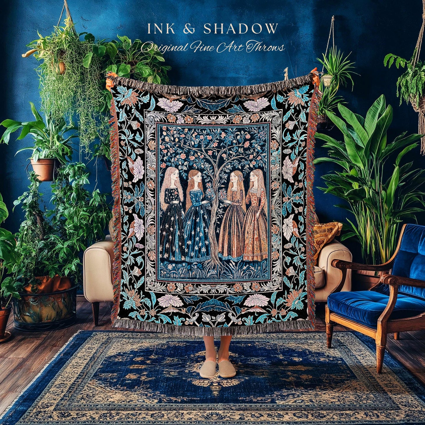 Enchanted Sisterhood Folklore Throw Blanket | Moody Bedroom Dark Enchantment Woven Wall Tapestry Mythical Aesthetic Folk Art Dreamy Decor