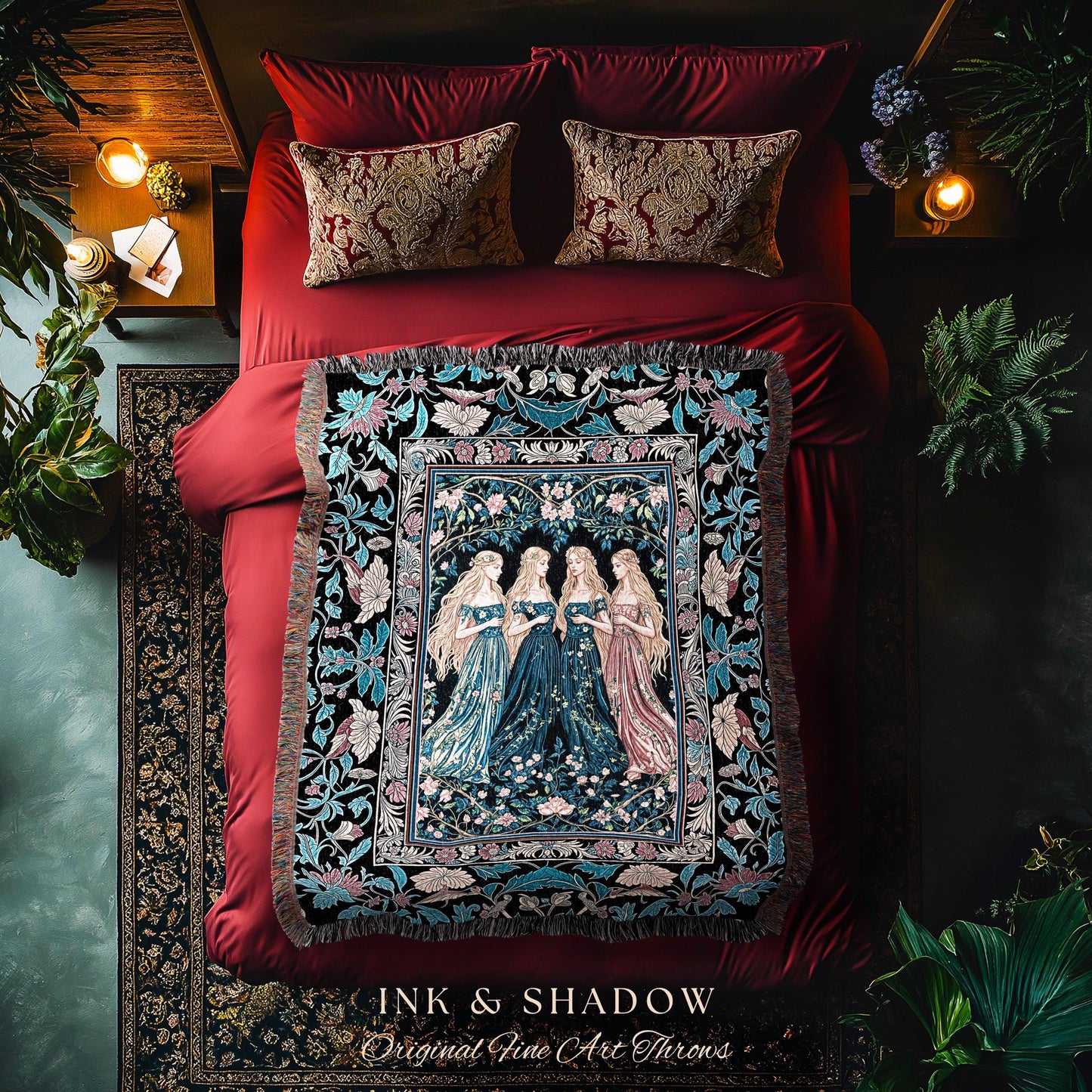 Rustic Medieval Fairycore Witch Picnic Blanket | Celestial Sorceress Gothic Elegance Woven Wall Tapestry Pastel Botanicals Folklore Style |
