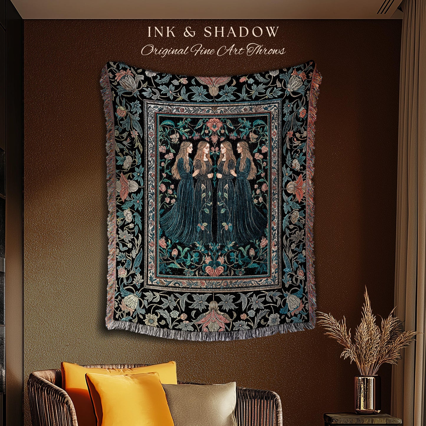Elegant Medieval Storybook Tapestry | Ornate Botanical Enchantment Dark Gothic Romance Folk Art Renaissance Magic Woven Throw Blanket Witchy