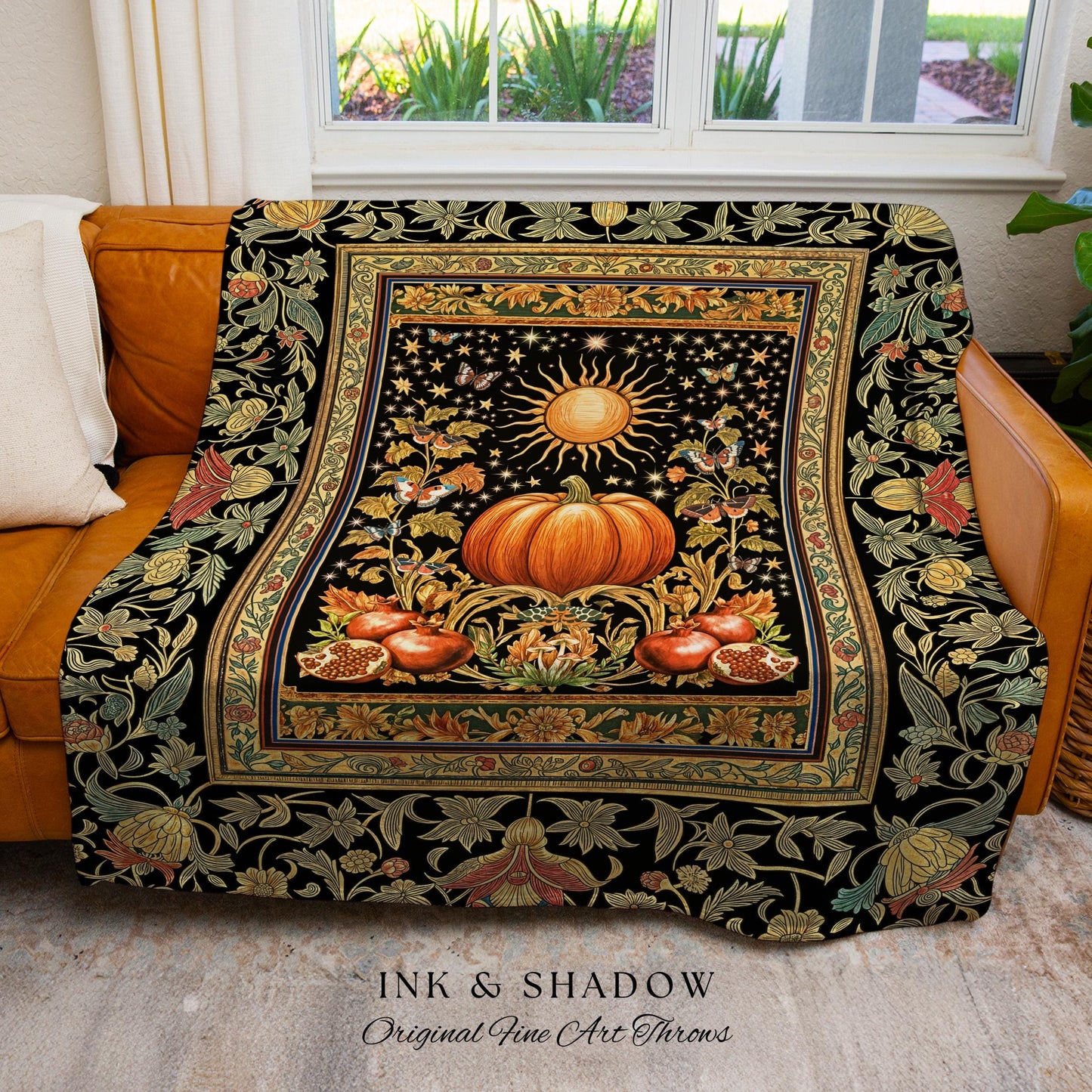 Rustic Harvest Aesthetic Pumpkin Blanket | Autumn Folklore Woven Throw Cozy Autumn Blanket Rustic Fall Room Vintage Tapestry Whimsical Decor