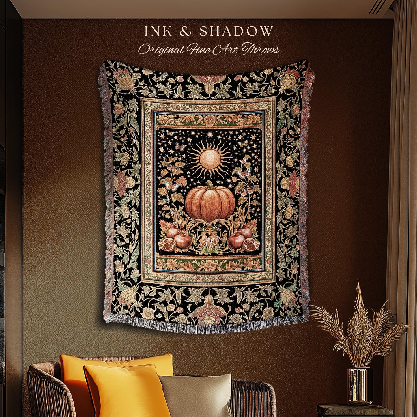 Rustic Harvest Aesthetic Pumpkin Blanket | Autumn Folklore Woven Throw Cozy Autumn Blanket Rustic Fall Room Vintage Tapestry Whimsical Decor