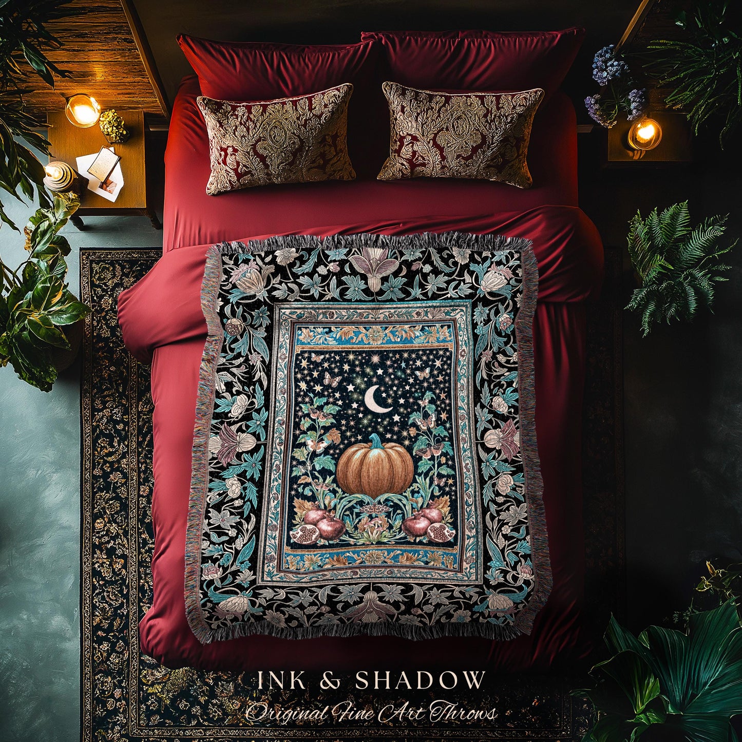 Moon Celestial Magic Woven Tapestry | Mystical Pumpkin Pomegranate Blanket Gothic Throw Autumnal Decor Witchy Accent Enchanting Aesthetic