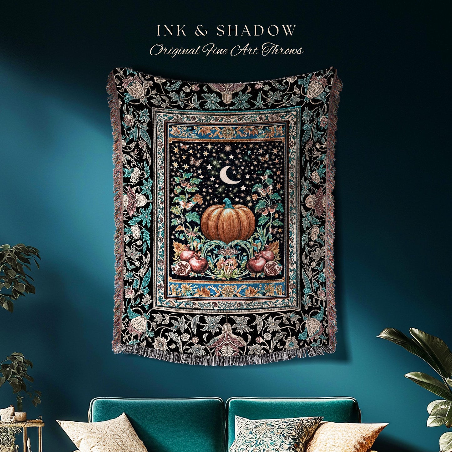 Moon Celestial Magic Woven Tapestry | Mystical Pumpkin Pomegranate Blanket Gothic Throw Autumnal Decor Witchy Accent Enchanting Aesthetic