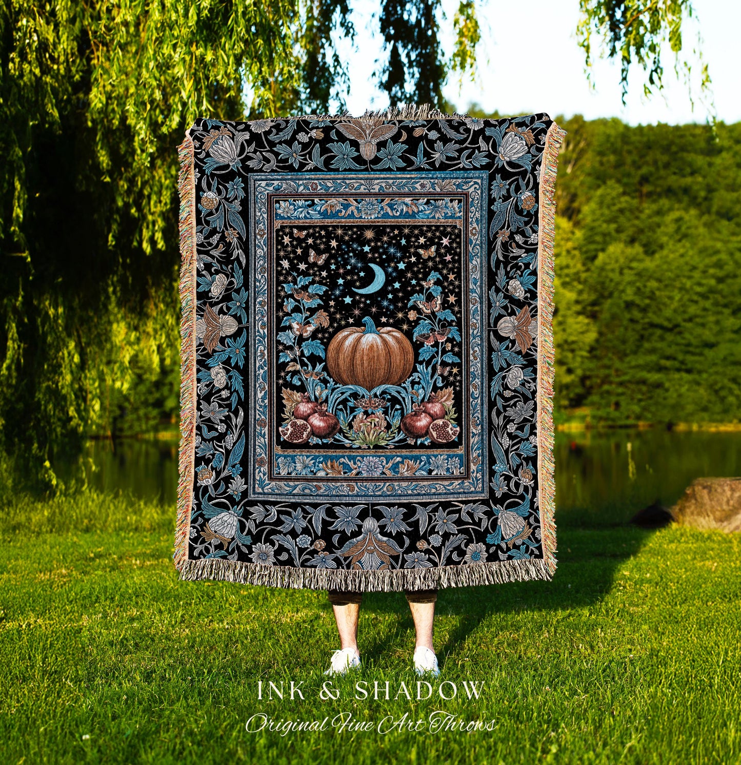 Blue Moon Pomegranate Pumpkin Blanket | Cozy Gothic Autumn Tapestry Spooky Throw Mystical Accent Cozy Night Sky Decor Witchy Boho Harvest |