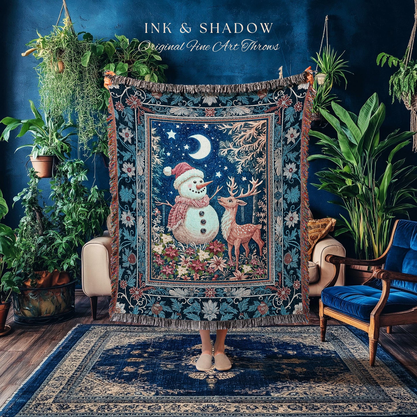 Nostalgic Snowman Winter Woven Blanket | Cozy Ethereal Decor Holiday Tapestry Xmas Throw Nordic Folk Art Moon Stars Rustic Christmas Gift |