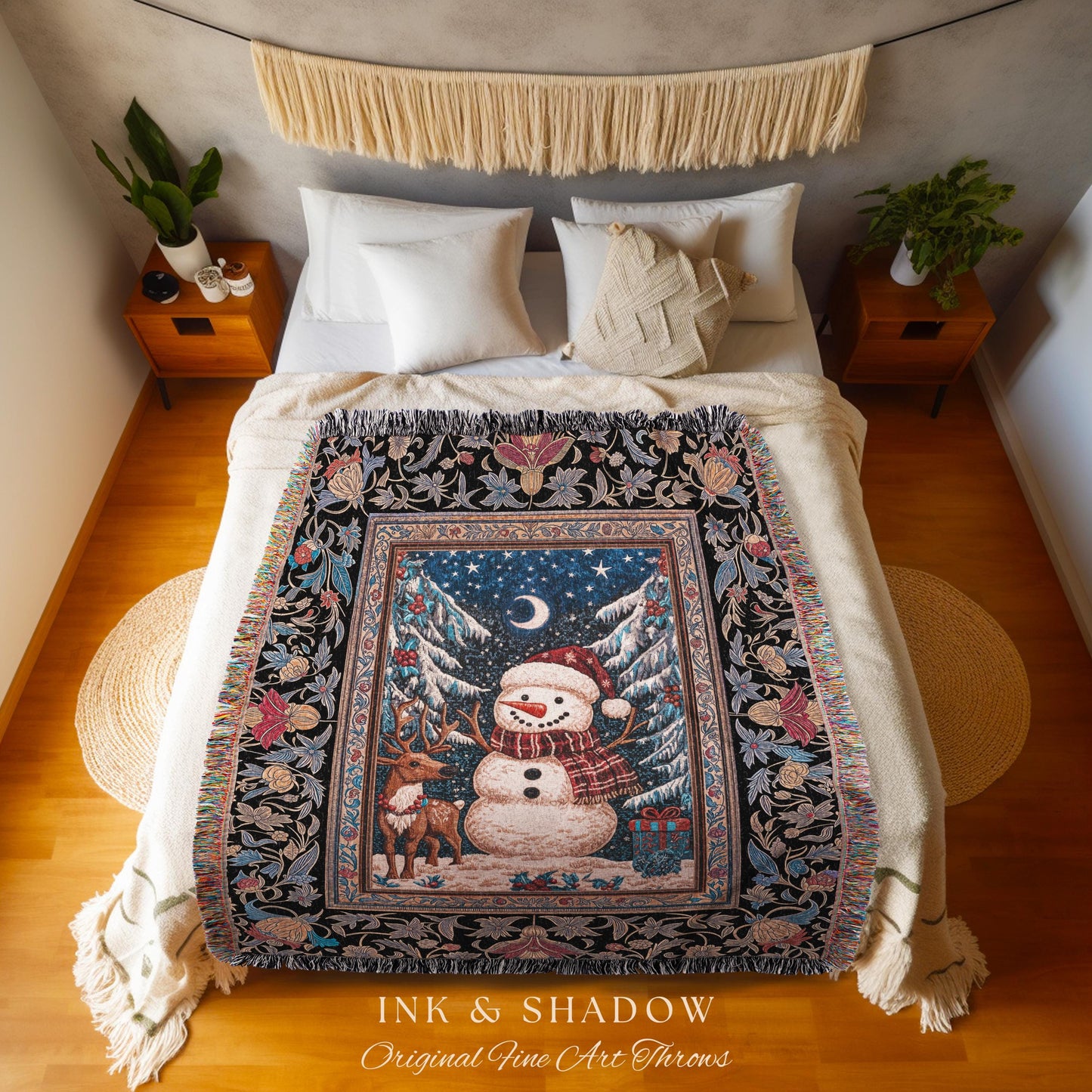 Rustic Snowman Winter Throw | Festive Tapestry Nostalgic Xmas Gift Cozy Cabin Snowflake Throw Vintage Reindeer Decor Warm Cozy Coverlet Cute