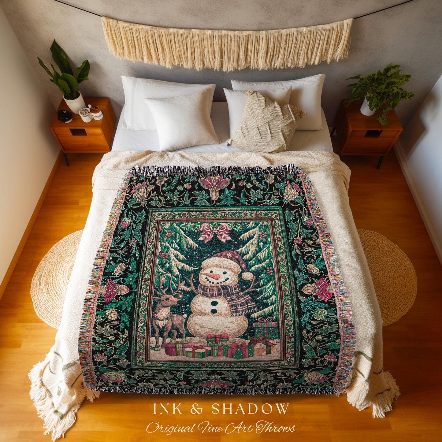 Scandi Snowman Xmas Throw Blanket | Cozy Festive Decor Holiday Tapestry Warm Winter Nostalgic Reindeer Coverlet Nordic Style Christmas Gift