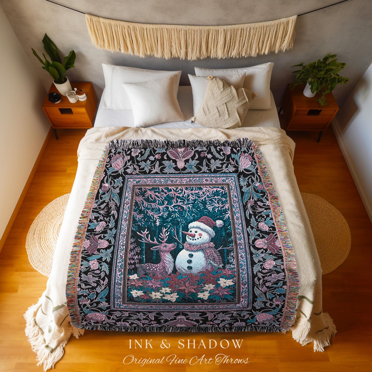 Holiday Reindeer Boho Woven Wall Tapestry | Festive Winter Decor Nostalgic Christmas Traditional Home Cozy Throw Snowman Accent Blanket |