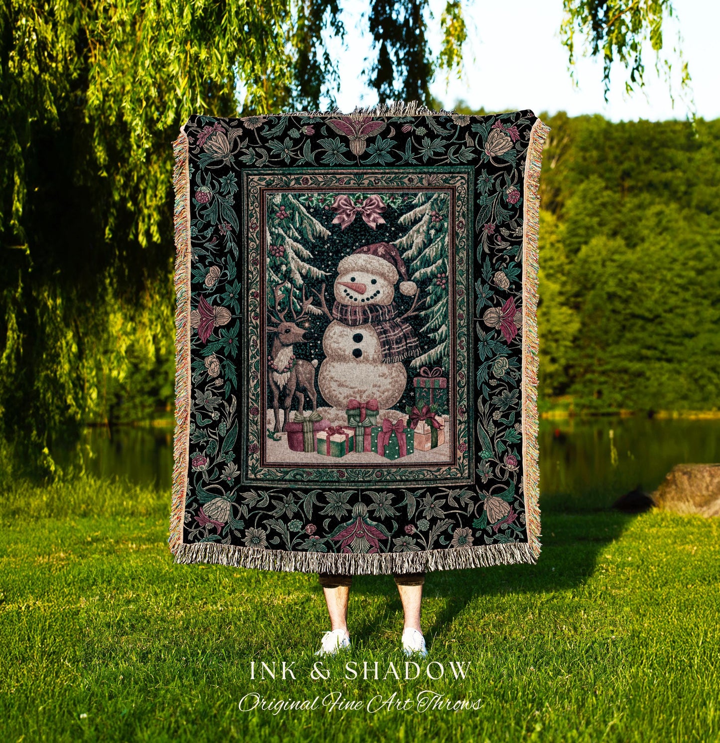 Scandi Snowman Xmas Throw Blanket | Cozy Festive Decor Holiday Tapestry Warm Winter Nostalgic Reindeer Coverlet Nordic Style Christmas Gift
