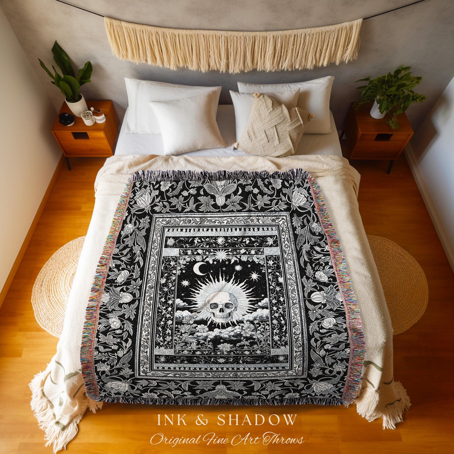 Retro Greyscale Skull Woven Throw | Tarot Aesthetic Dark Academia Whimsigoth Baroque Spooky Macabre Design Gothic Tapestry Blanket Witchy |