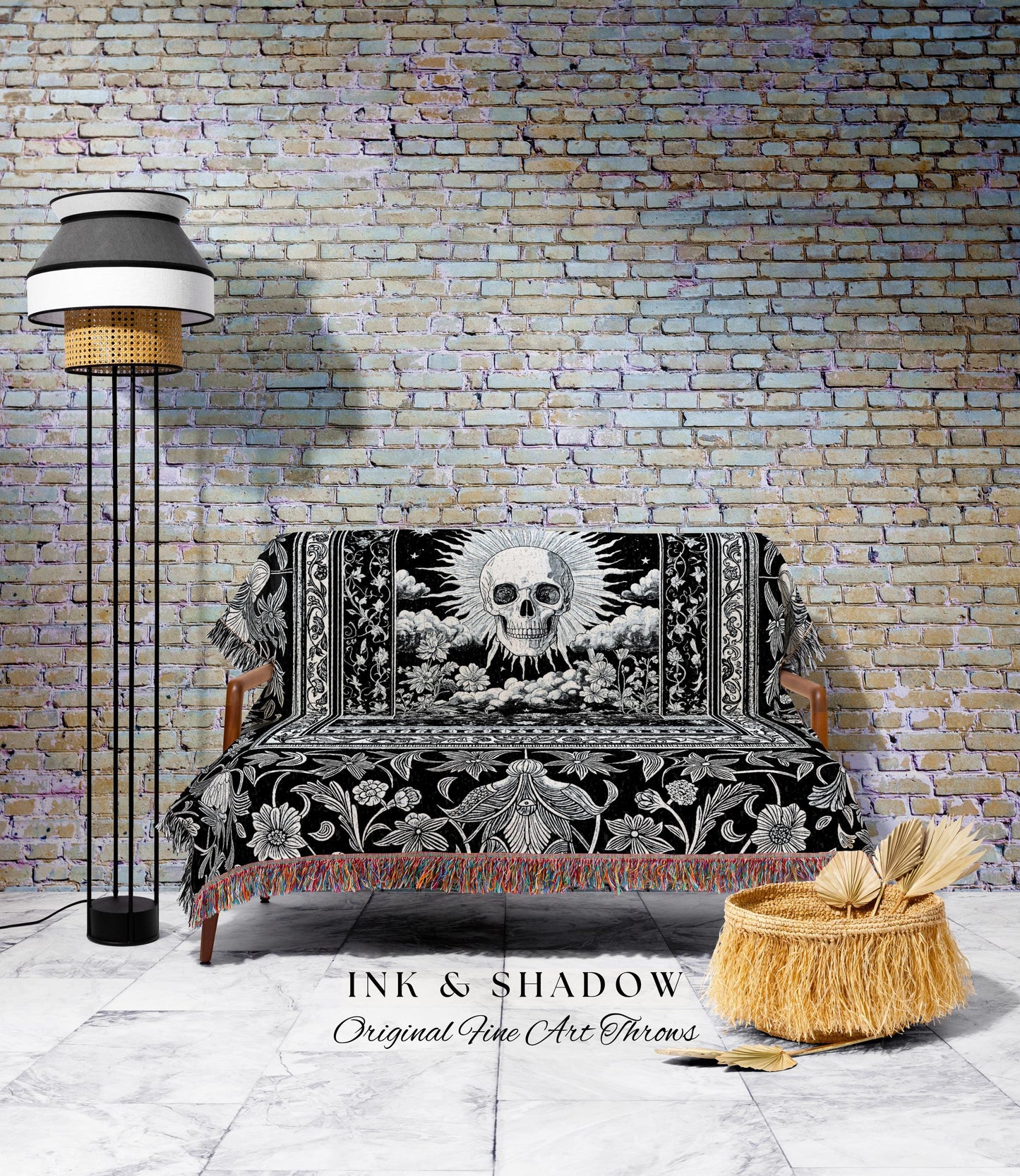 Retro Greyscale Skull Woven Throw | Tarot Aesthetic Dark Academia Whimsigoth Baroque Spooky Macabre Design Gothic Tapestry Blanket Witchy |