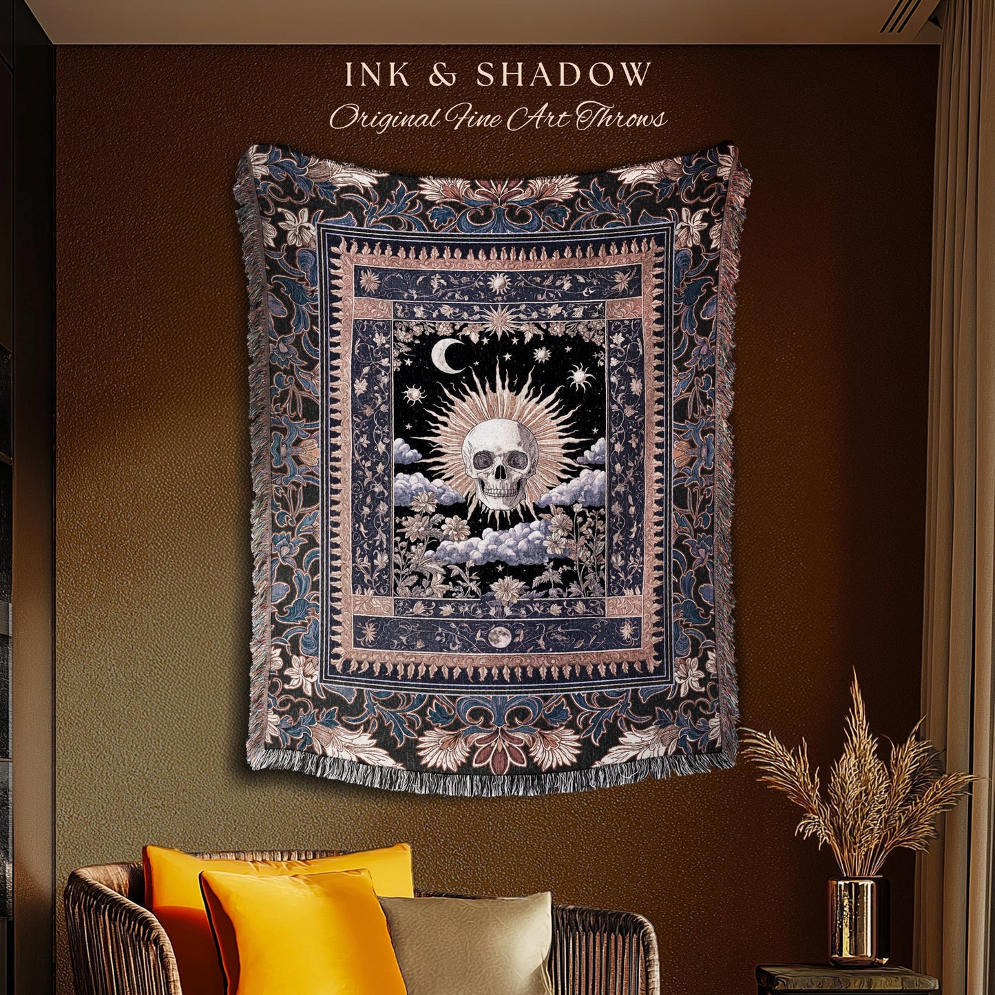Macabre Witchy Pastel Skull Blanket | Gothic Woven Skeleton Throw Spooky Bedding Dark Enchantment Baroque Tapestry Whimsigoth Style Bedroom