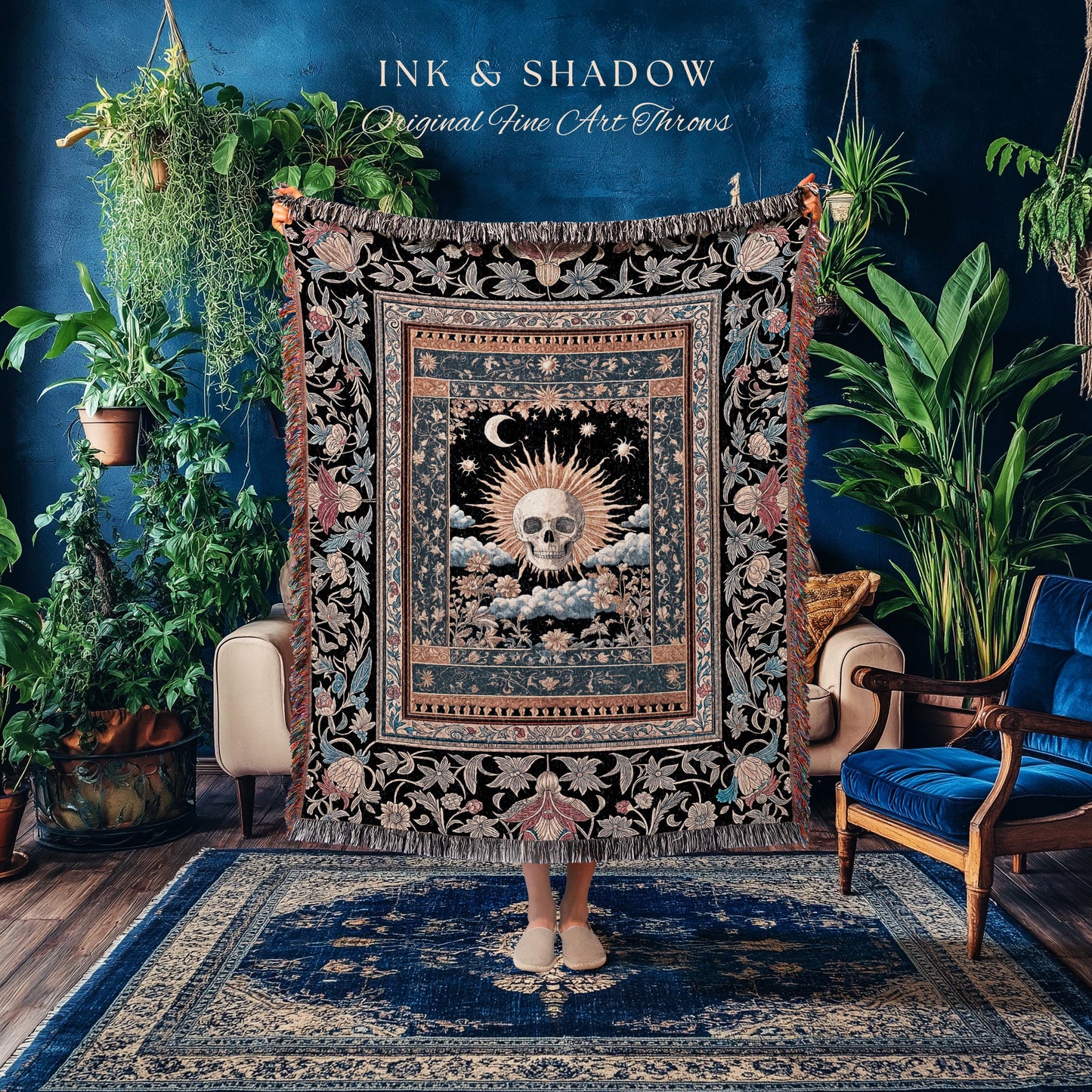 Dark Academia Celestial Skull Tapestry | Skull Woven Throw Blanket Tarot Aesthetic Goth Decor Spooky Macabre Halloween Vibes Moon and Stars