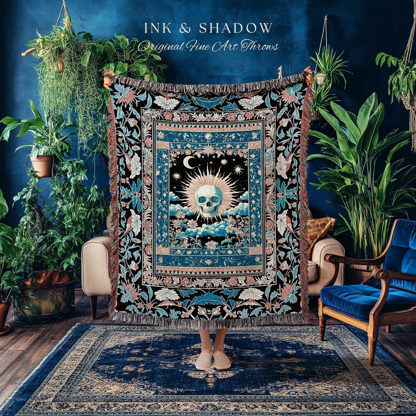 Dreamy Academia Skeleton Tarot Throw | Bohemian Skull Blanket Witchcore Woven Tapestry Fall Gothic Decor Spooky Aesthetic Halloween Gift |