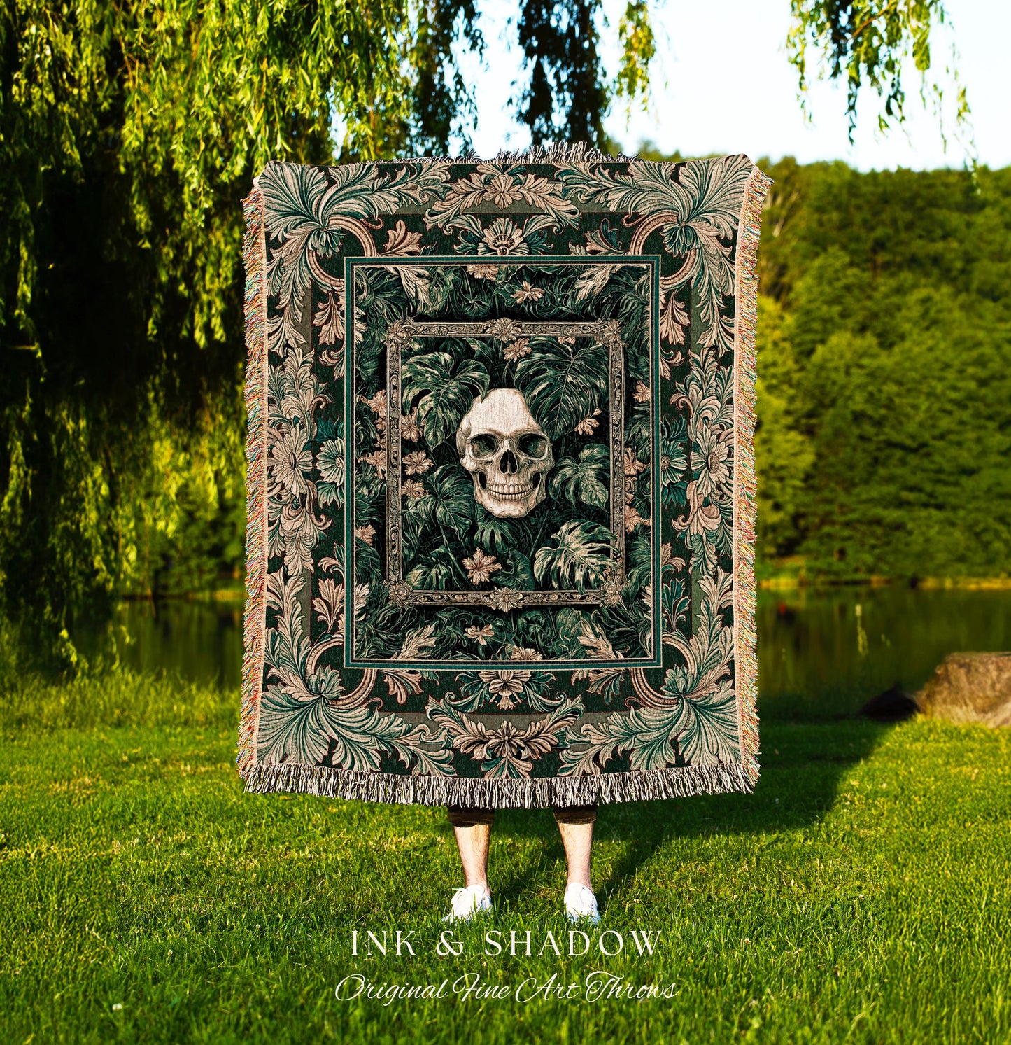 Ornate Baroque Halloween Skull Blanket | Goth Aesthetic Fall Decor Spooky Skeleton Woven Wall Tapestry Macabre Retro Witchy Style Bedroom |