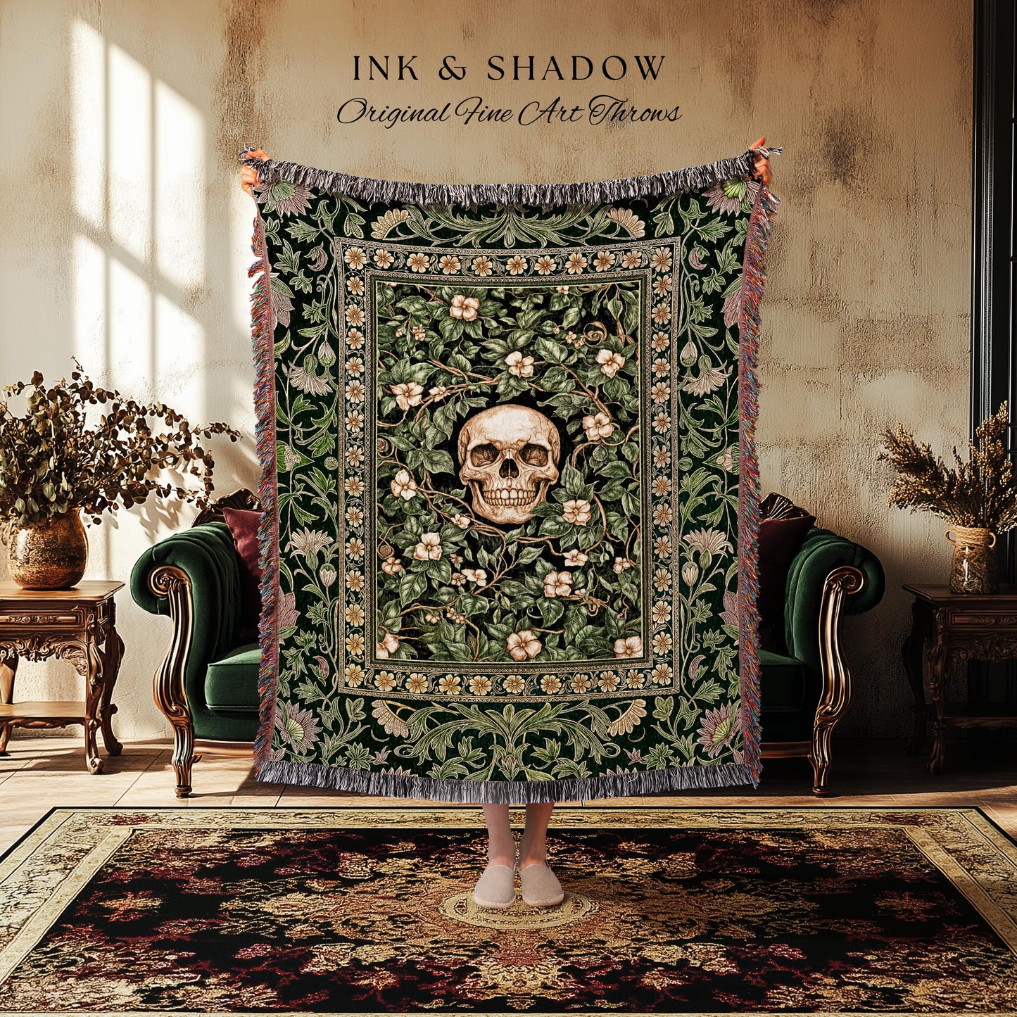 Macabre Garden Skull Throw Blanket | Botanical Gothic Aesthetic Skeleton Woven Wall Tapestry Spooky Season Decor Witchy Vibes Dark Academia