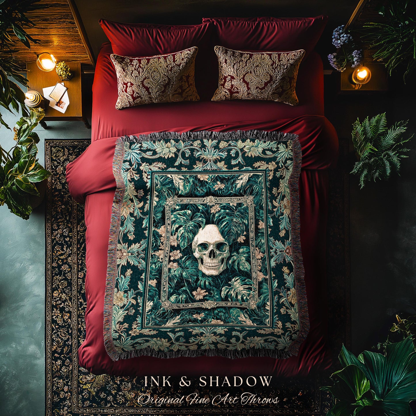 Dark Forest Ethereal Skull Blanket | Whimsical Academia Woven Throw Witchcore Halloween Decor Woven Tapestry Fall Vibes Macabre Aesthetic |