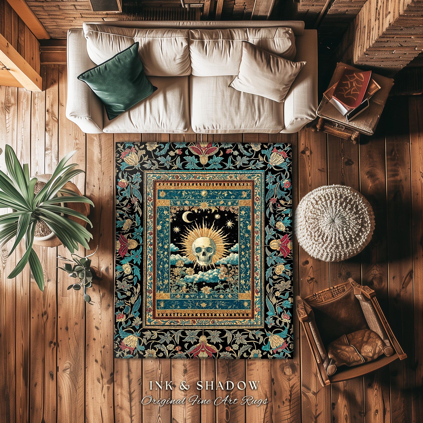 Gothic Bohemian Skull Witchy Area Rug | Wiccan Aesthetic Halloween Vibes Dark Academia Bedroom Baroque Spooky Season Decor Celestial Tarot