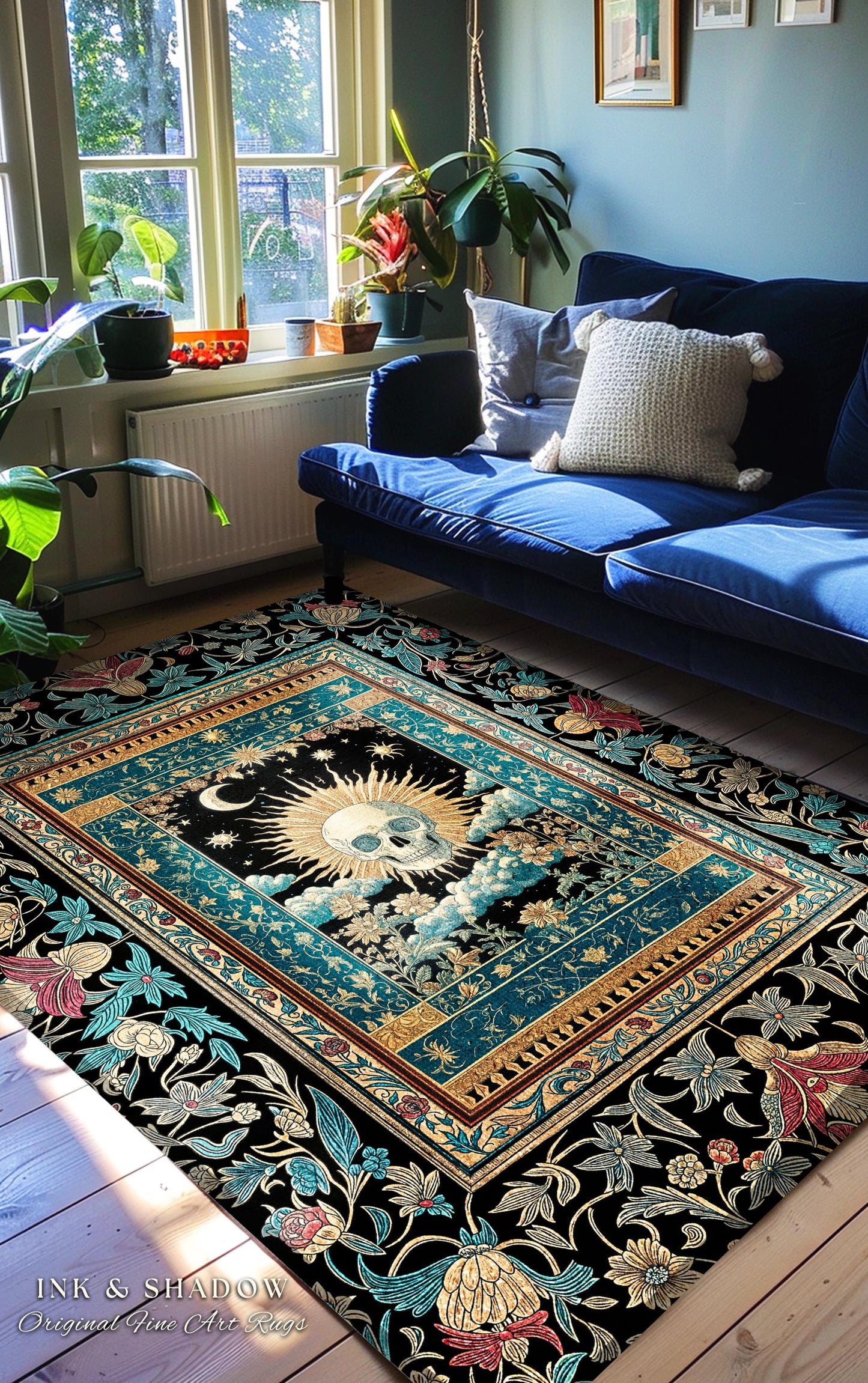 Gothic Bohemian Skull Witchy Area Rug | Wiccan Aesthetic Halloween Vibes Dark Academia Bedroom Baroque Spooky Season Decor Celestial Tarot