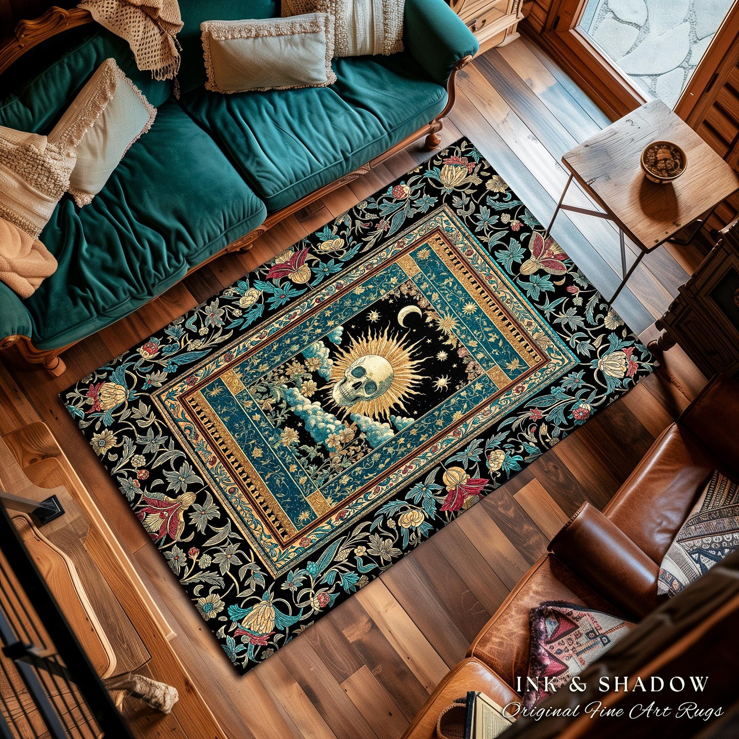 Gothic Bohemian Skull Witchy Area Rug | Wiccan Aesthetic Halloween Vibes Dark Academia Bedroom Baroque Spooky Season Decor Celestial Tarot