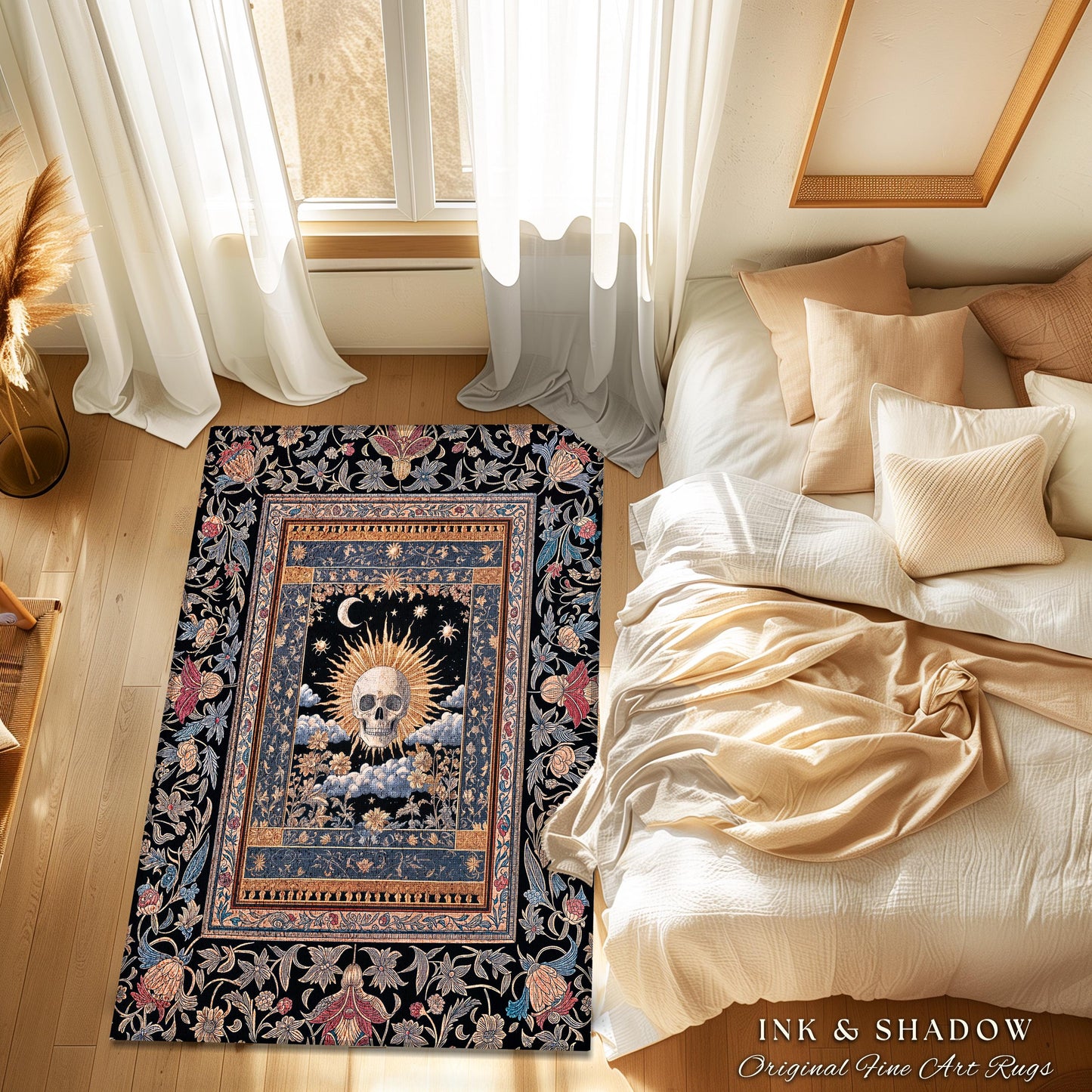 Dark Academia Celestial Skull Area Rug | Skull Witchy Baroque Tarot Aesthetic Gothic Decor Spooky Macabre Halloween Vibes Moon and Stars |