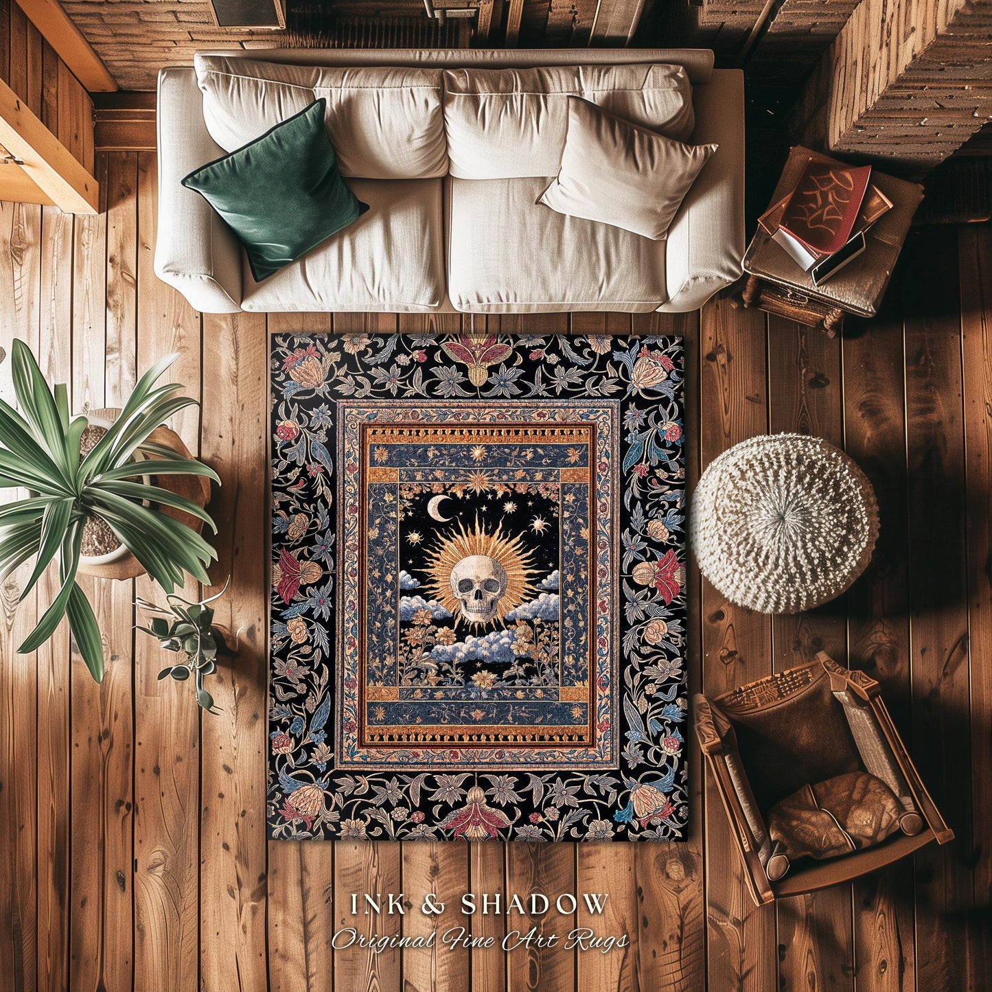 Dark Academia Celestial Skull Area Rug | Skull Witchy Baroque Tarot Aesthetic Gothic Decor Spooky Macabre Halloween Vibes Moon and Stars |