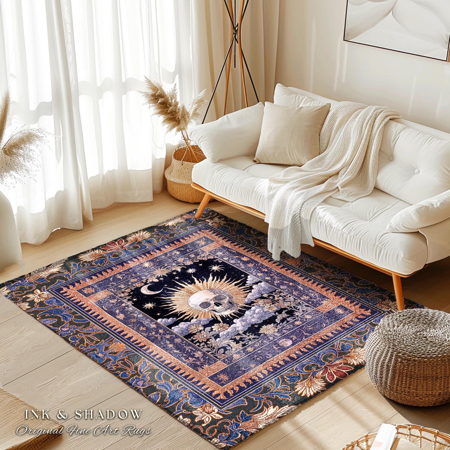 Macabre Witchy Pastel Skull Rug | Gothic Bedroom Skeleton Accent Spooky Aesthetic Dark Enchantment Baroque Whimsigoth Style Decor Celestial