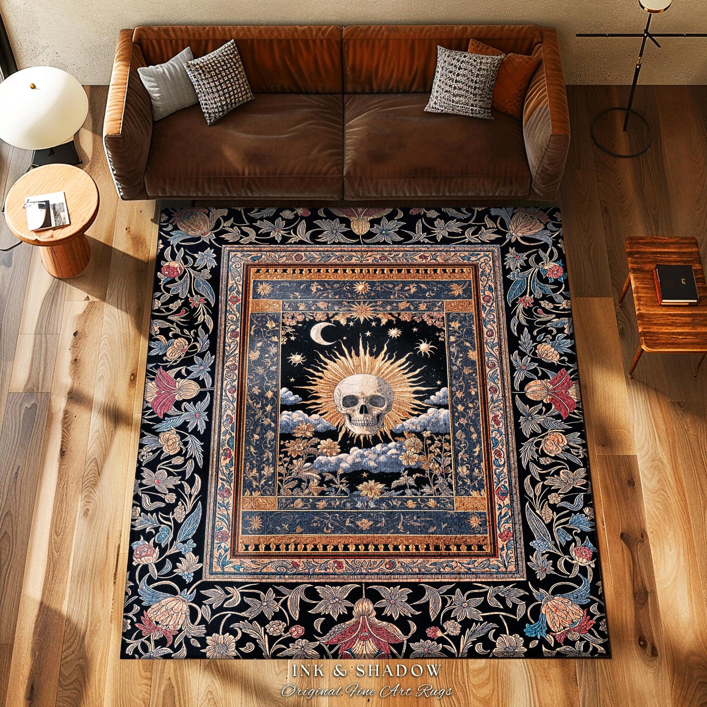 Dark Academia Celestial Skull Area Rug | Skull Witchy Baroque Tarot Aesthetic Gothic Decor Spooky Macabre Halloween Vibes Moon and Stars |
