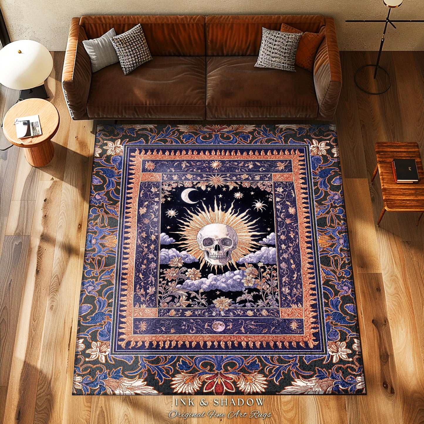 Macabre Witchy Pastel Skull Rug | Gothic Bedroom Skeleton Accent Spooky Aesthetic Dark Enchantment Baroque Whimsigoth Style Decor Celestial