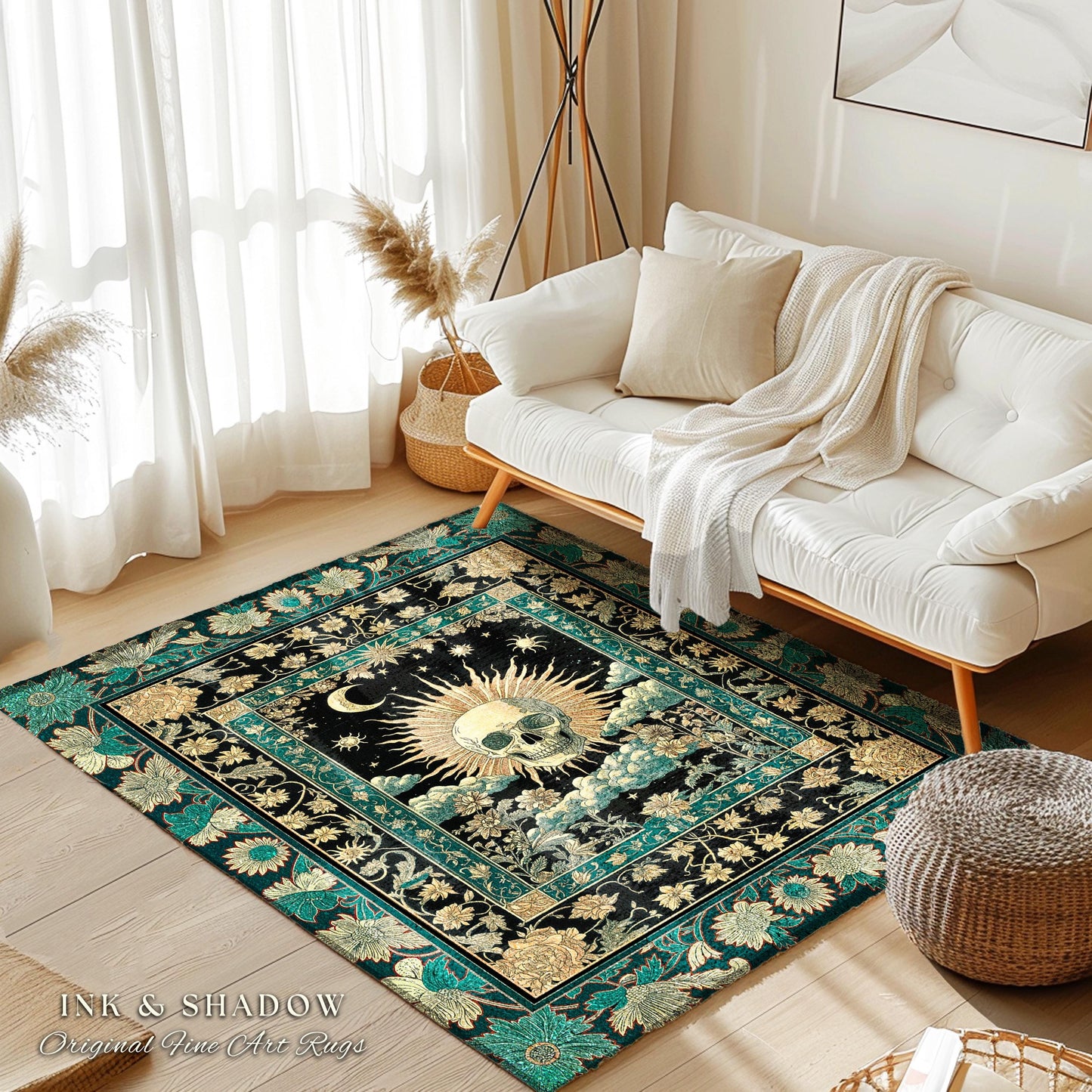 Moody Mystic Skull Boho Area Rug | Macabre Gothic Vintage Fall Bedroom Rug Dark Academia Style Spooky Skeleton Whimsigoth Witchy Aesthetic