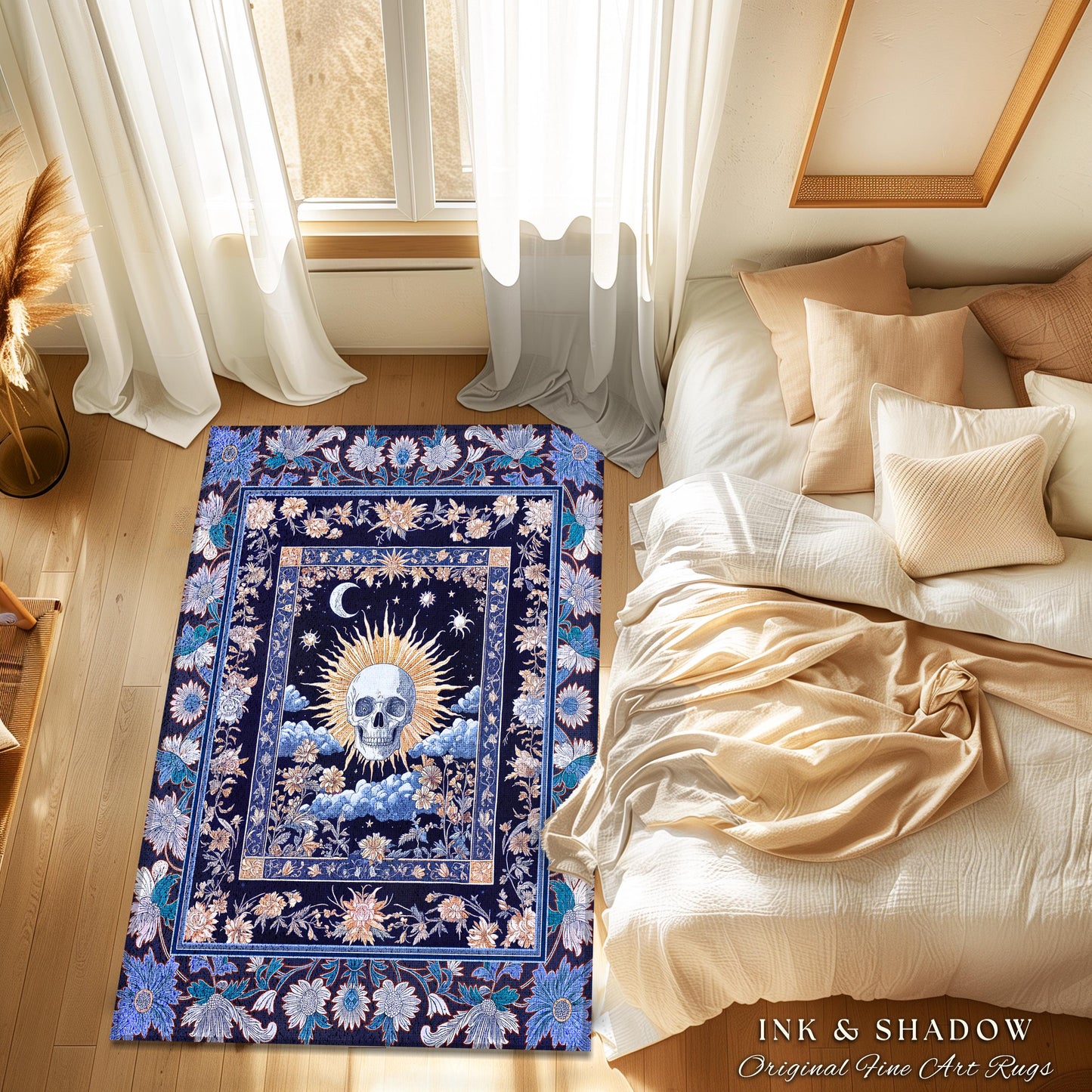 Magic Witchy Skull Area Rug Gothic | Pastel Tarot Bedroom Accent Dark Academia Reading Room Macabre Design Spooky Skeleton Purple Whimsigoth