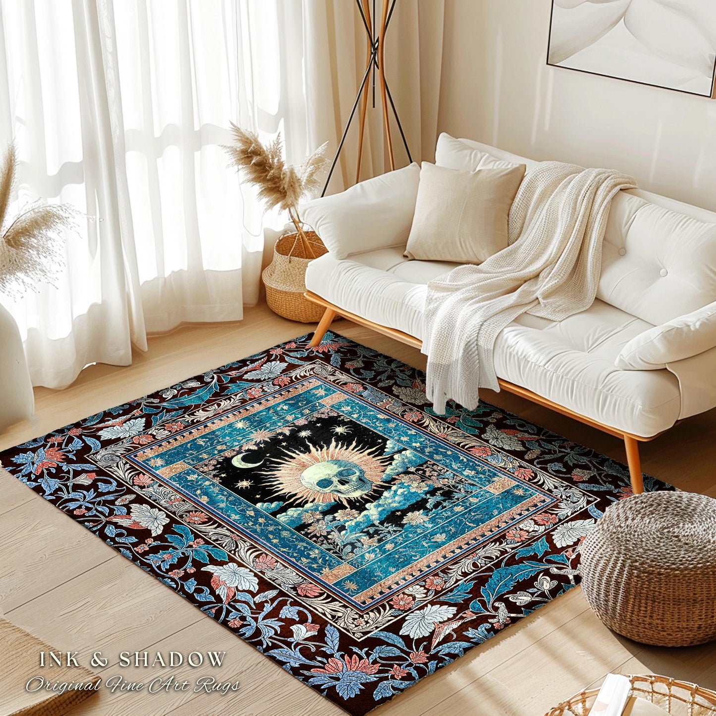 Dreamy Academia Skeleton Rug | Bohemian Skull Bedroom Witchcore Moody Colors Fall Gothic Decor Spooky Aesthetic Halloween Dorm Room Gifts |