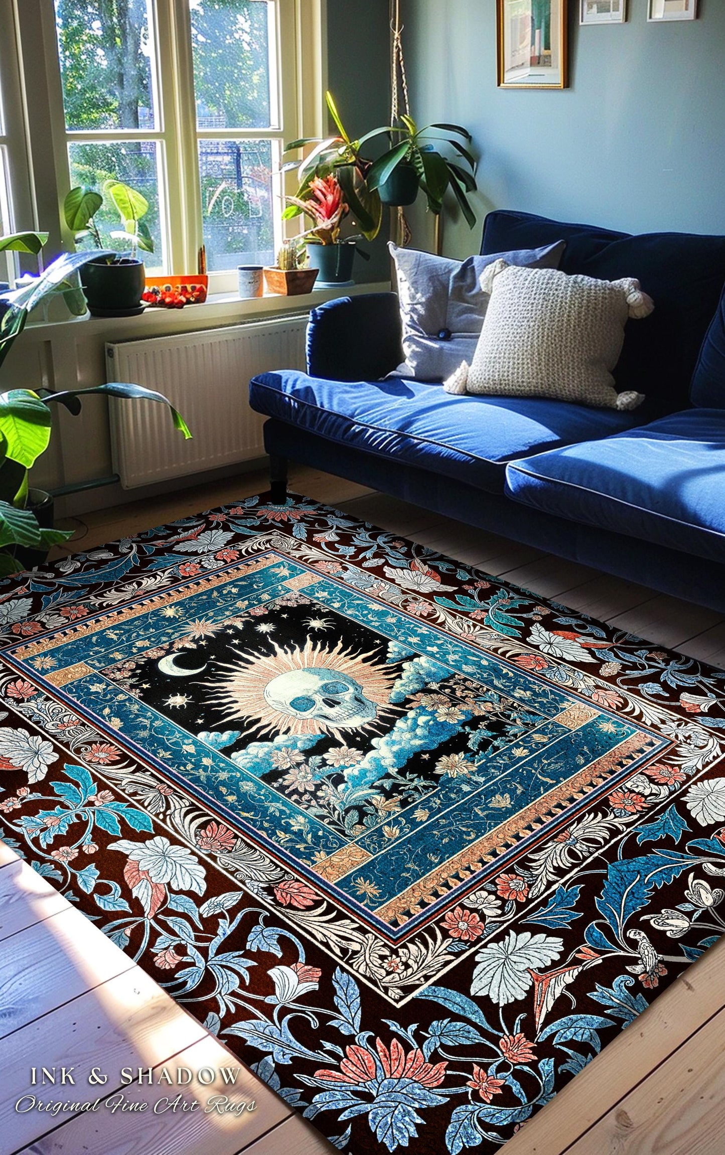 Dreamy Academia Skeleton Rug | Bohemian Skull Bedroom Witchcore Moody Colors Fall Gothic Decor Spooky Aesthetic Halloween Dorm Room Gifts |